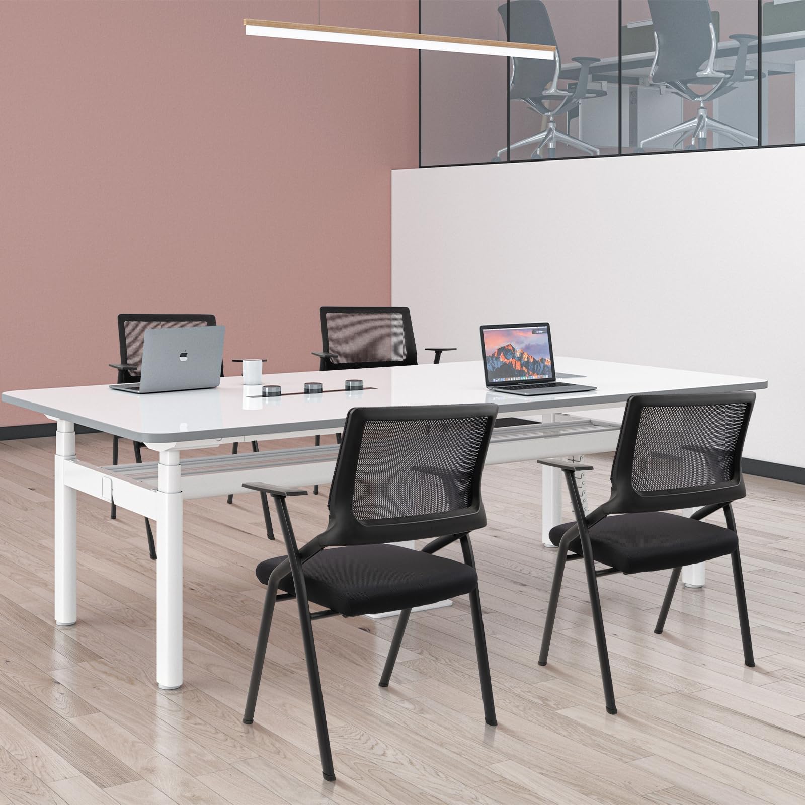 Black (10 pk) Stackable & Foldable Office Chairs with Ergonomic Lumbar Support and Thickened Seat Cushion, Folding Mesh Fabric Reception Guest Chair for School Church Conference Waiting Room