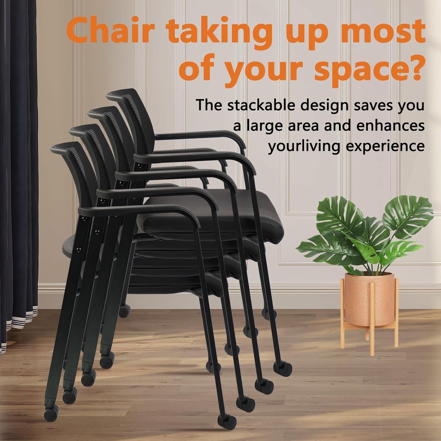 Black, 8 PK, Stacking Office Chair with Wheels, Mesh Back Waiting Room Guest Chairs with Arms Comfortable Leather Cushion Stackable Desk Chair for Conference Reception School Side Stationary,