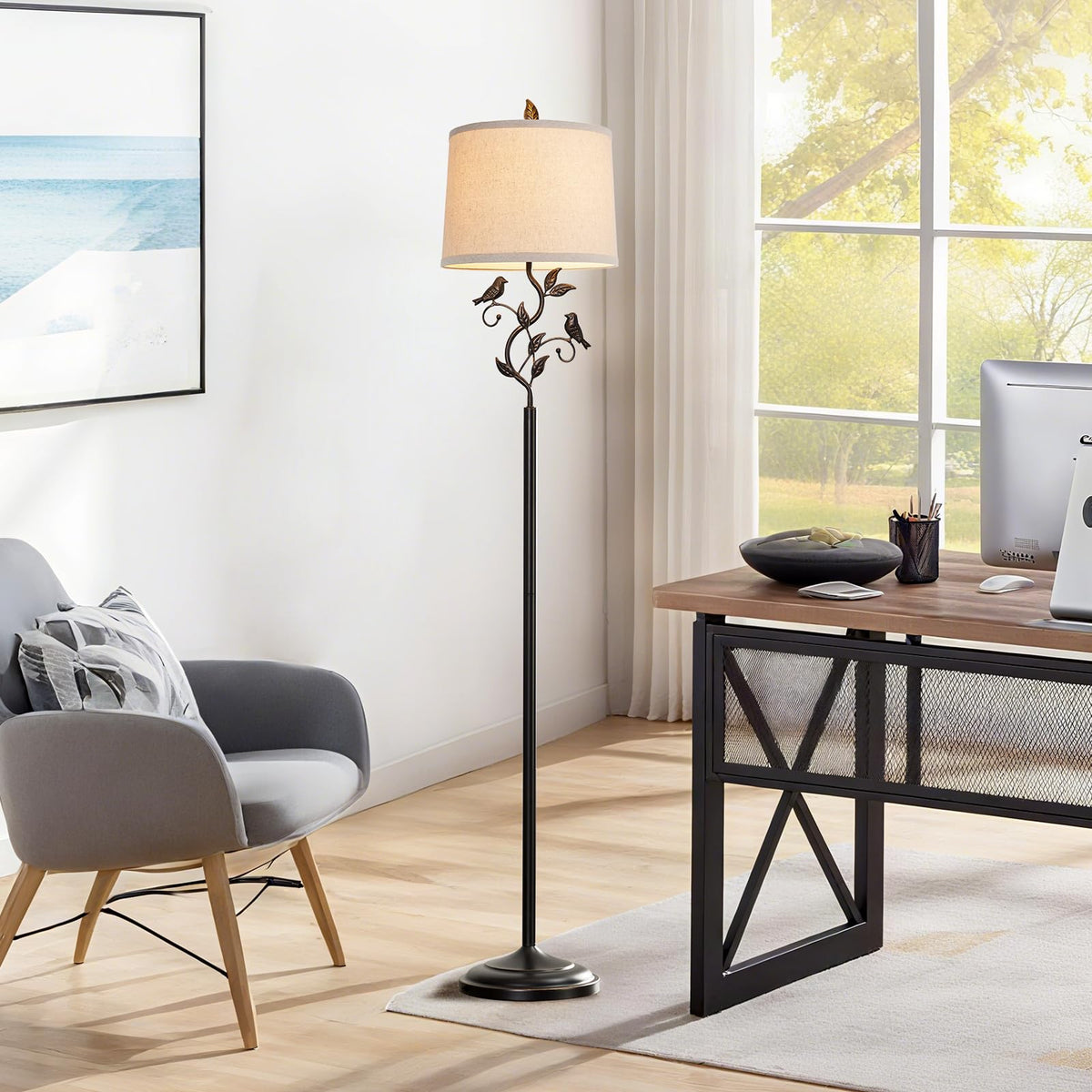 63" Rustic Unique Bird Leaf Floor Lamp for Living Room