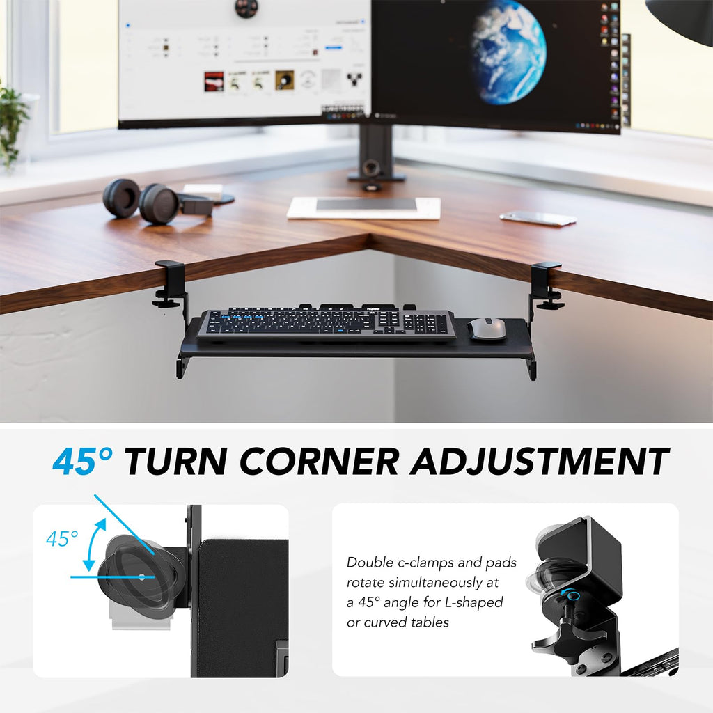 Keyboard Tray Under Desk Pull Out with Extra Sturdy Adjustable C Clamp Mount System, 27.3 (32.5 inch Including Clamps) x 11 Inch Slide-Out Platform Computer Drawer for Typing, Black,