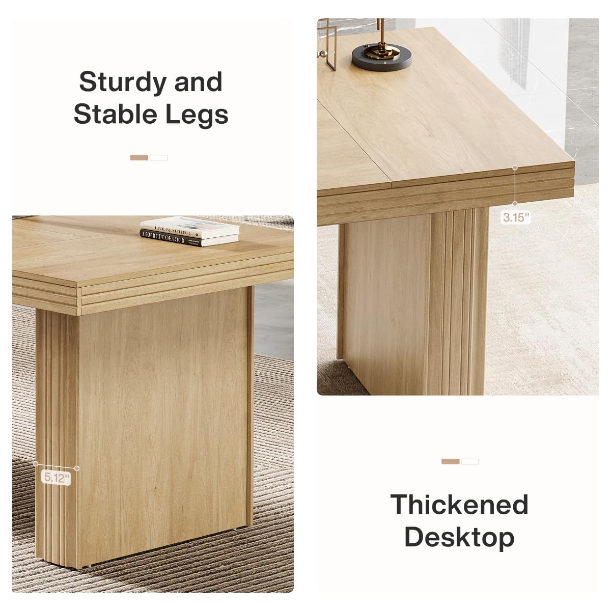 Modern Office Desk, Home Office Table with Wide Fluted Legs, Modern Desk for Home Office, Natural