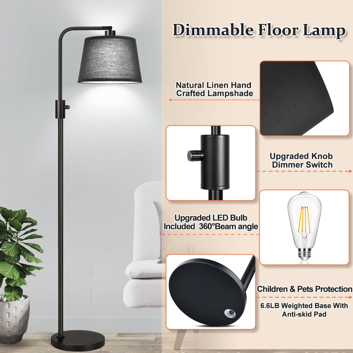 Floor Lamp, 1000 Lumens LED Edison Bulb Included, Black Shade, Modern Arc Standing Tall Floor Lamp for Living Room Bedroom Office Dining Room