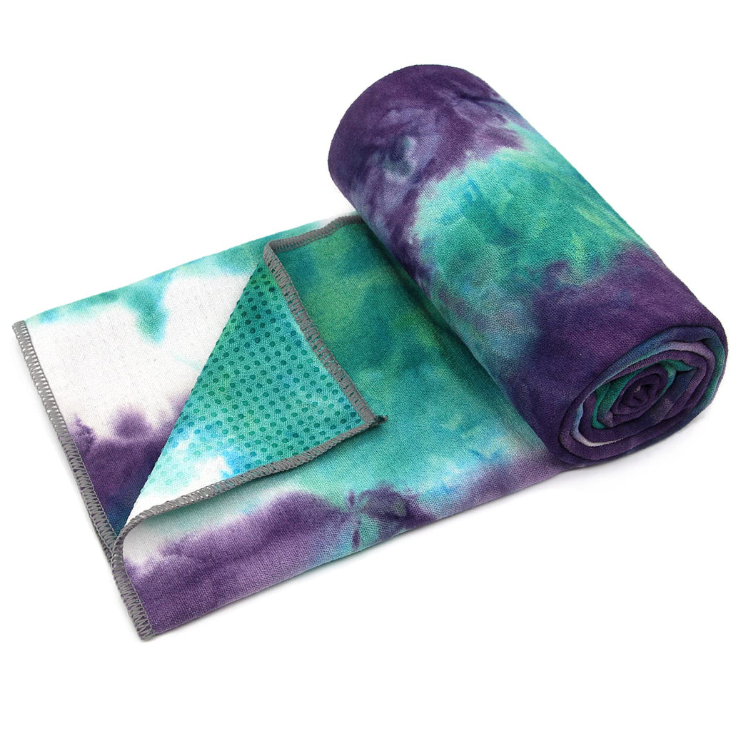 Yoga Towel,Hot Yoga Mat Towel with Grip Dots Sweat Absorbent Non-Slip for Hot Yoga, Pilates and Workout 24" x72", Green & Purple