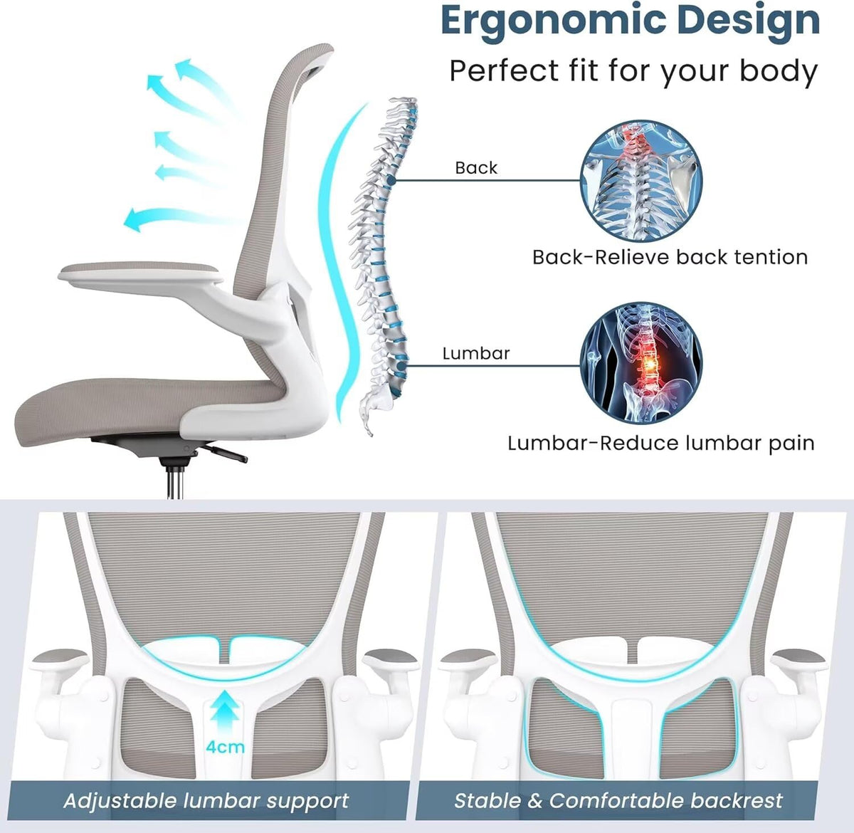 Drafting Chair Tall Office Standing Executive Ergonomic Computer Chair with Flip-Up Armrests, Adjustable Footrest Ring, Lumbar Support, Adjustable Swivel Desk Chair for Home Office (Light Grey)