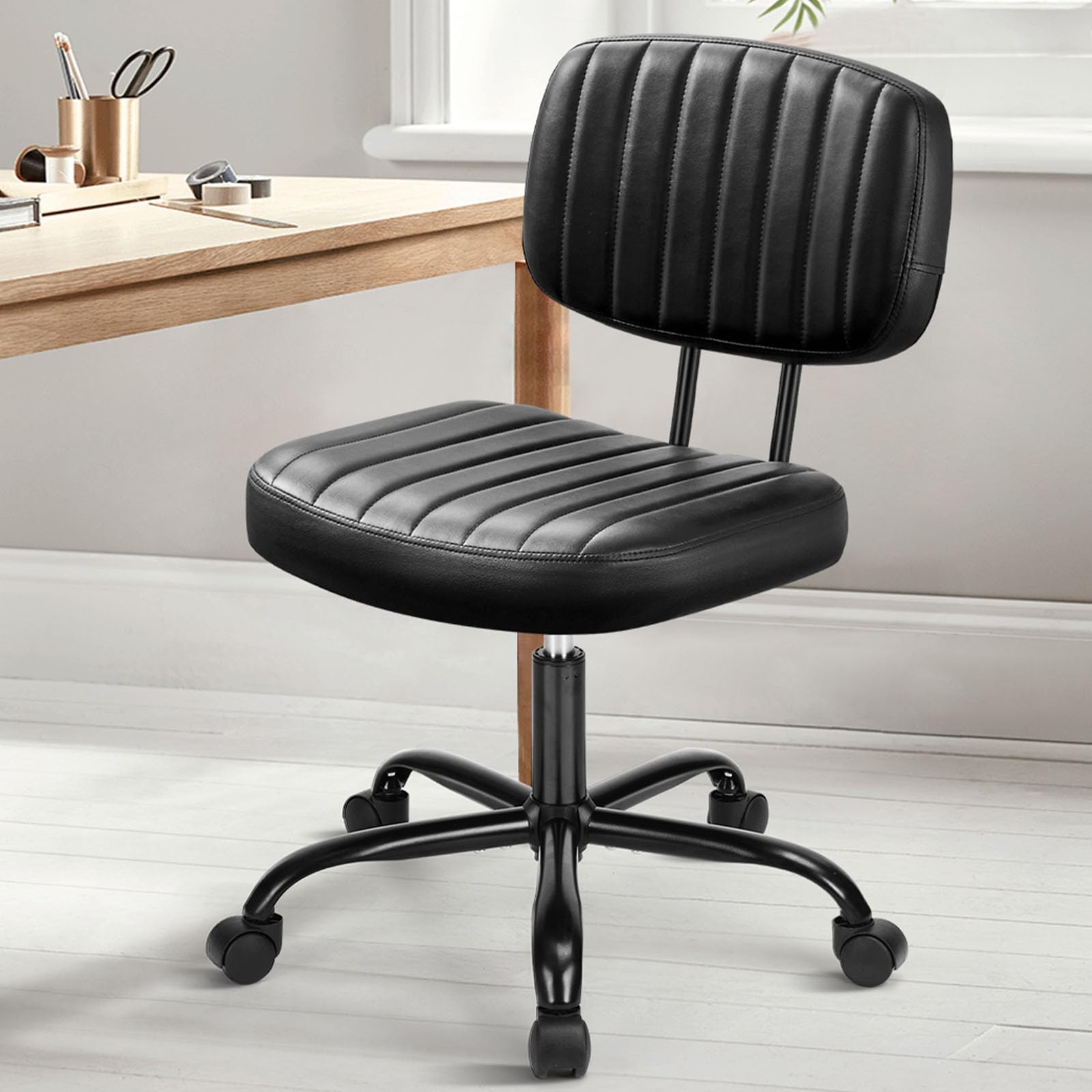 Small Armless Desk Chair with Low Back Lumbar Support, Height Adjustable PU Leather Computer Task Chair with 360° Swivel Wheels, for Small Space, Adults, New Black