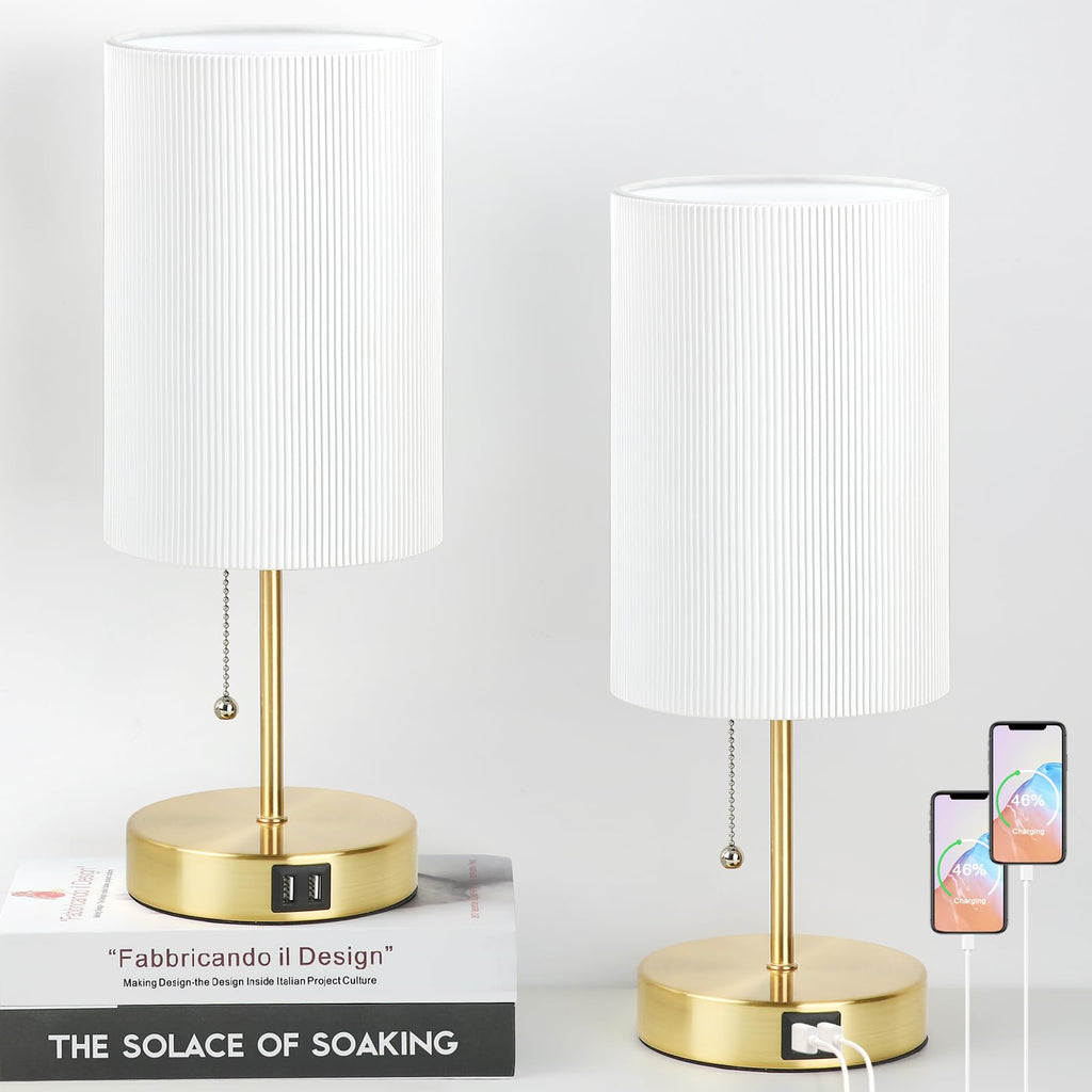 2 Sets Table Lamps with 2 USB, Minimalist Beside Lamps for Bedroom, Nightstand Lamp with Pull Chain, Desk Lamps with White Pleated Shade and Gold Metal Base for Living Room Dorm Reading Hotel
