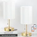 2 Sets Table Lamps with 2 USB, Minimalist Beside Lamps for Bedroom, Nightstand Lamp with Pull Chain, Desk Lamps with White Pleated Shade and Gold Metal Base for Living Room Dorm Reading Hotel