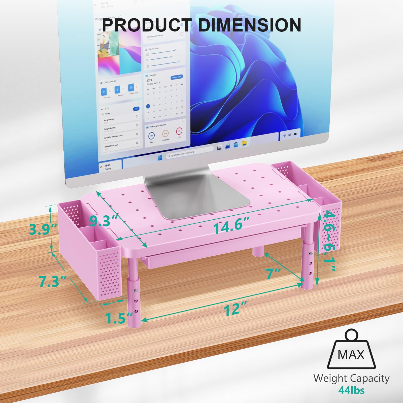 Computer Monitor Stand with Storage, Desk Organizer with Drawer and Pen Holder, Desk Monitor Riser 3 Height Adjustable, Laptop Riser for Computer, Laptop, Printer (PTT003-P), 1 Pack, Pink