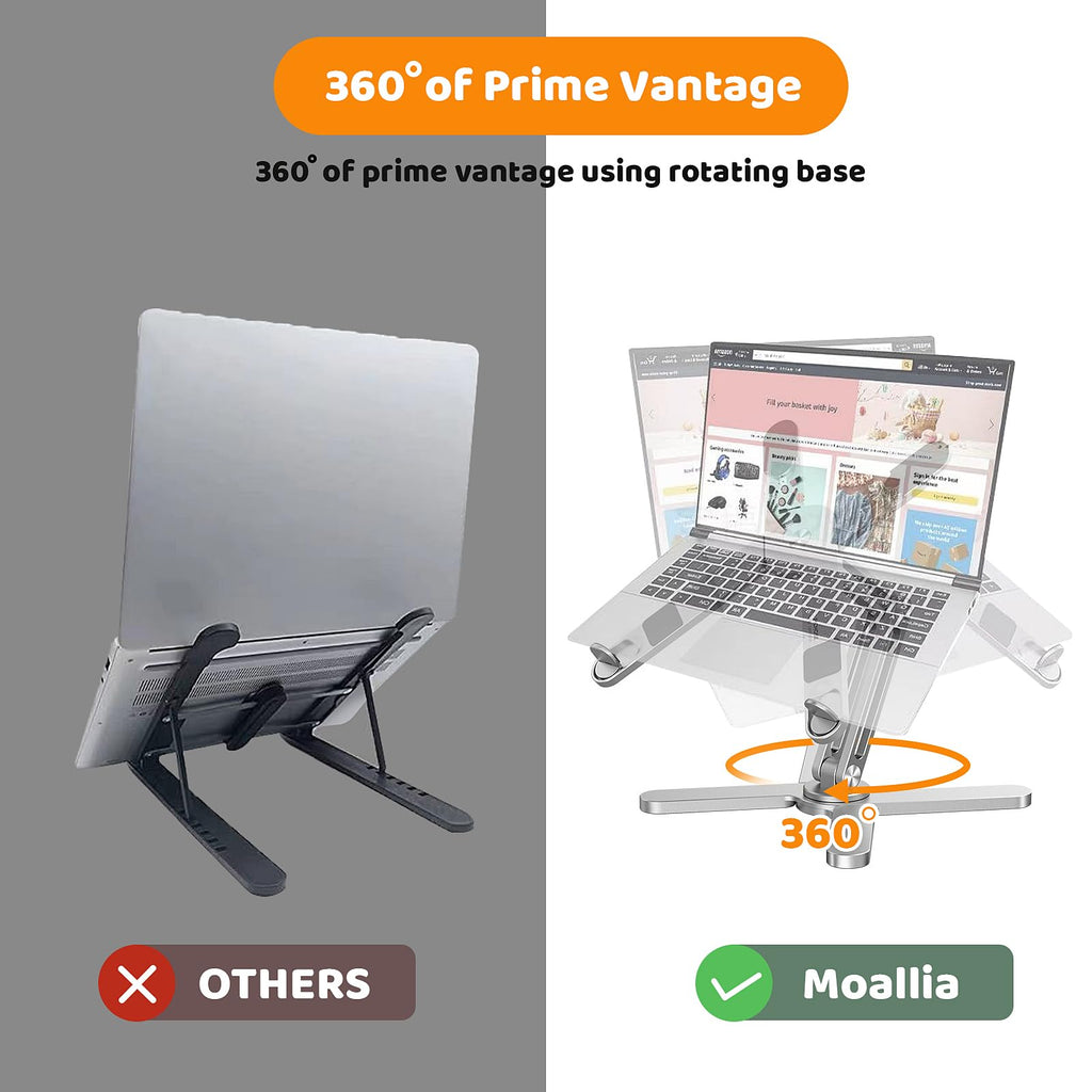 Rotating Laptop Stand, Adjustable Height & Angle, Ergonomic Metal Riser for Desk Collaborative Work, Fully Foldable for Easy Storage, Fits All MacBook & Laptops up to 16 inches, Silver