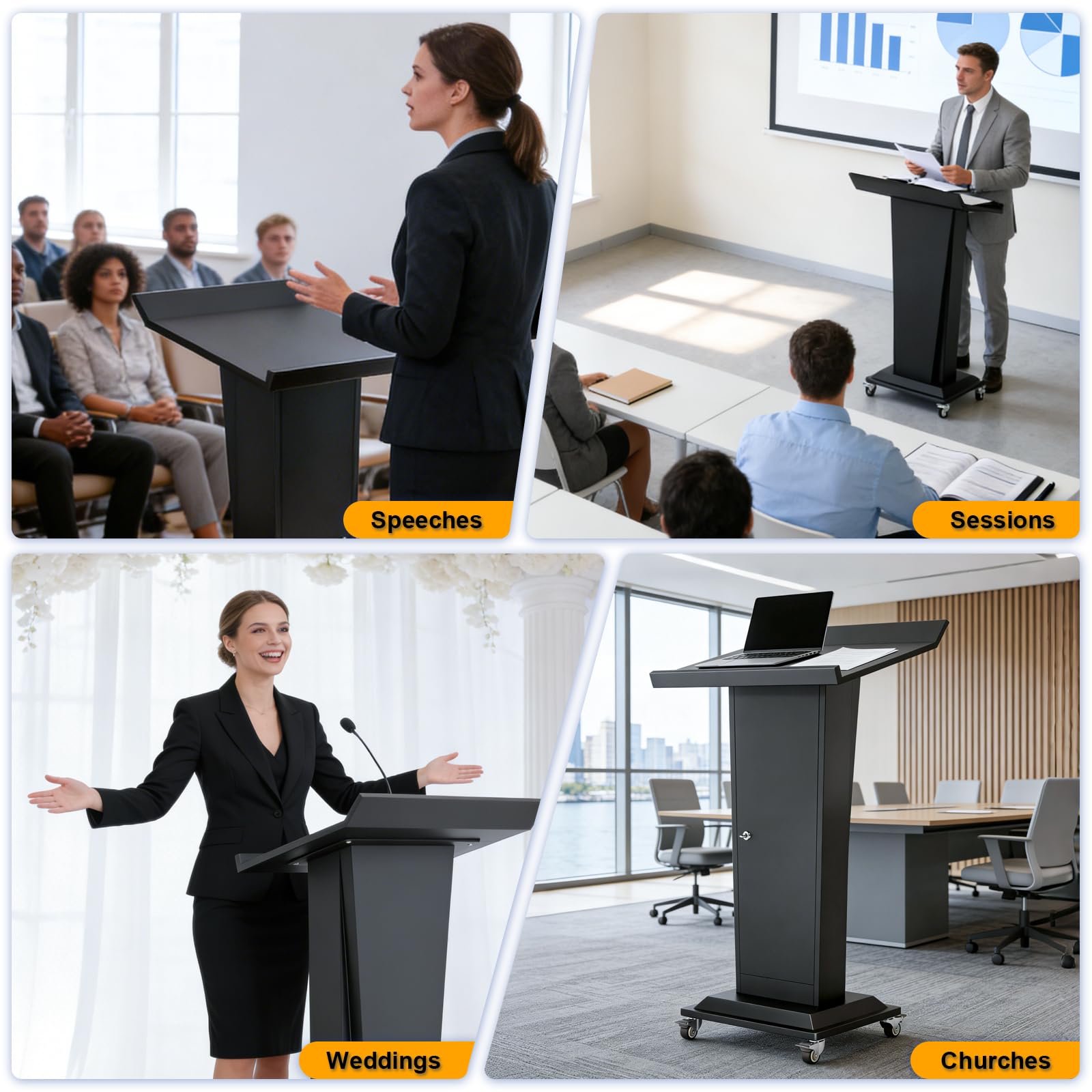 Ultral 45.3IN Podium Lectern with Wheels, Iron Pulpit for Churches Stand with Lockable Double-Layer Storage, Modern Metal Pulpits Lectern for Classroom, Conference, Presentation,Wedding