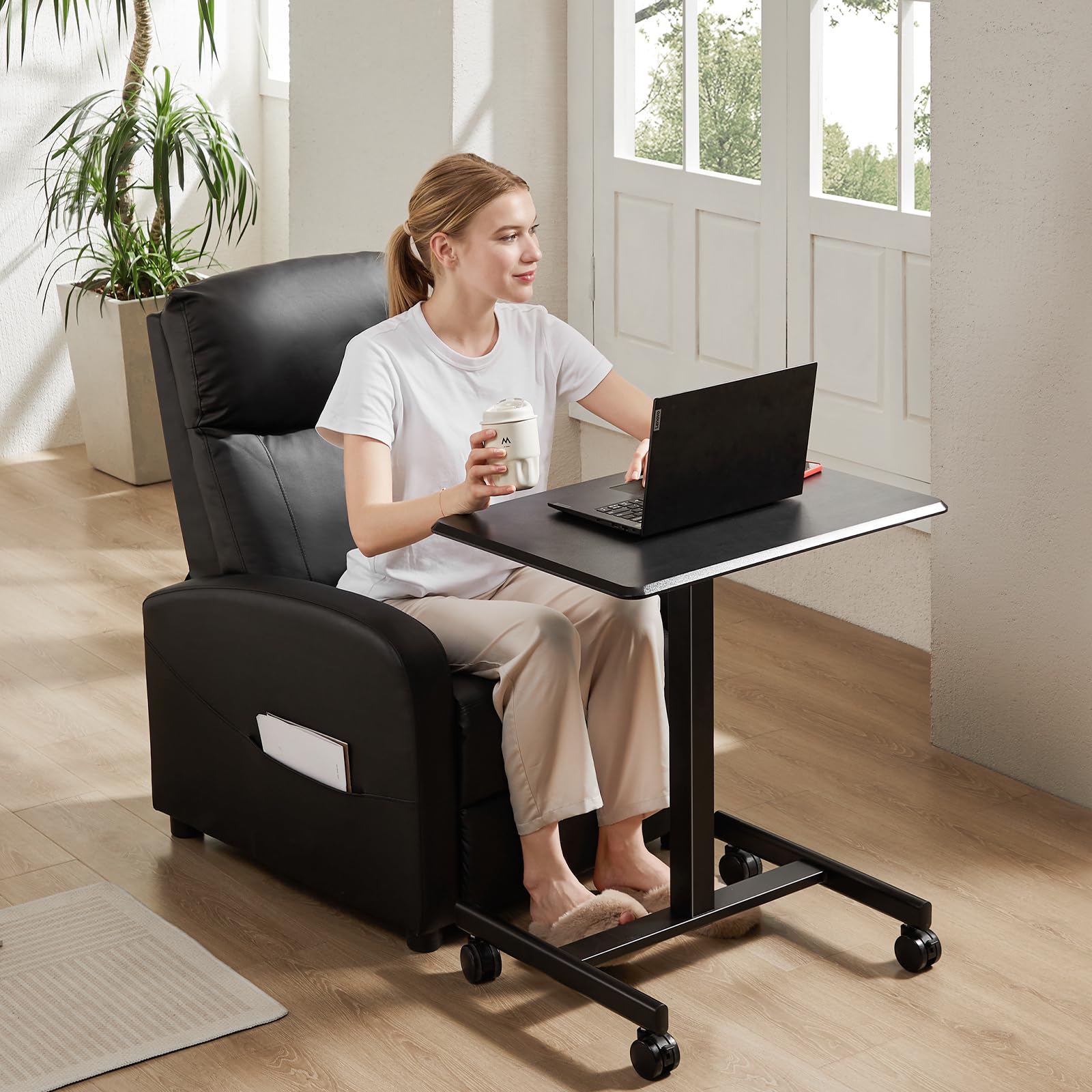 Small Standing Desk Mobile Portable Rolling Laptop PC Table on Wheels Adjustable Height Computer Workstation for Home Office, Space Saving Desk for Bedroom Study Use, 19 Inch, Black