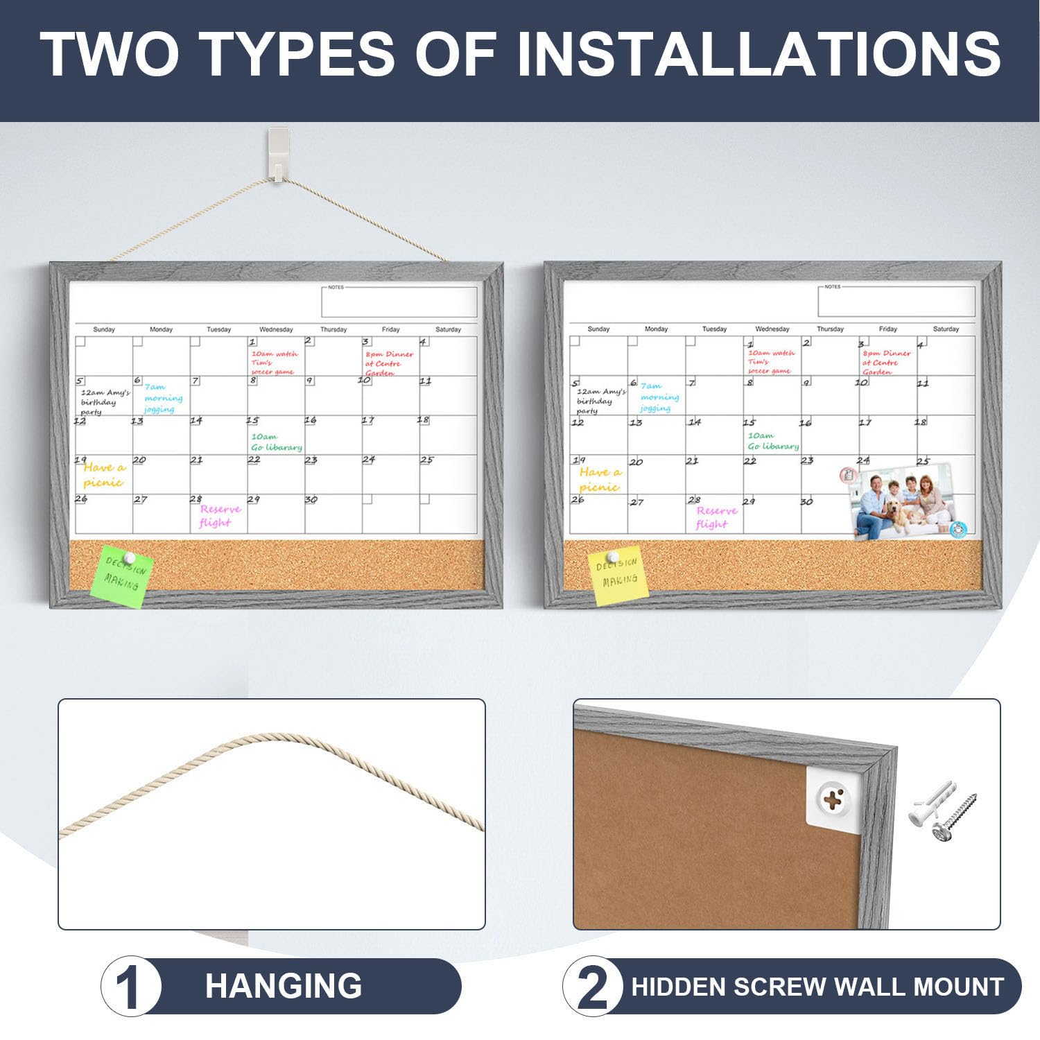 Calendar Whiteboard for Wall, 18x24 Inches Dry Erase Calendar Cork Board Combo, Magnetic Monthly White Board with Wood Framed, Hanging Dry Erase Board for Home Kitchen Office Planner Memo