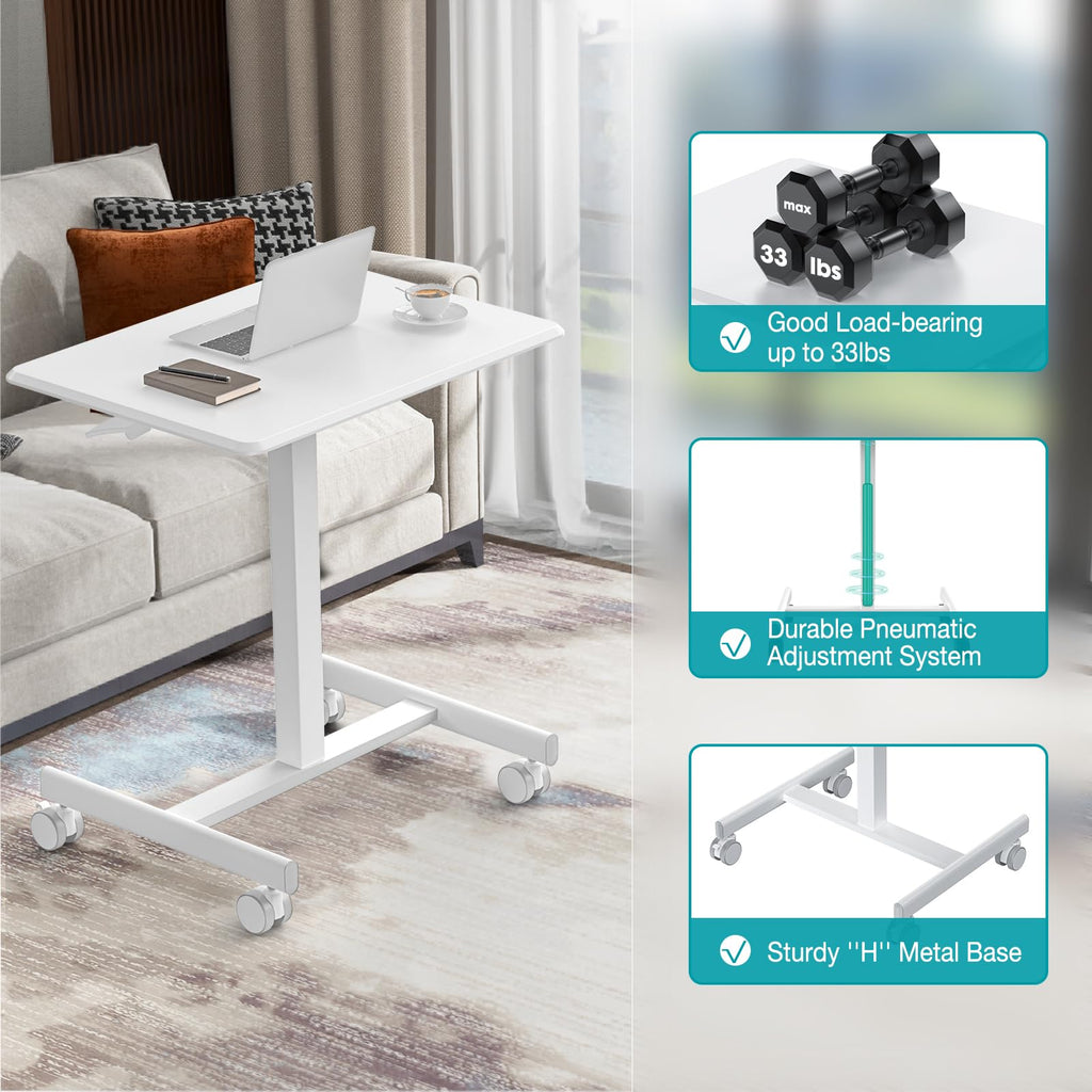 Mobile Small Standing Desk, Portable Rolling Laptop Desk with 2 Lockable Wheels, Adjustable Height Computer Workstation for Home Office, 19 Inch White