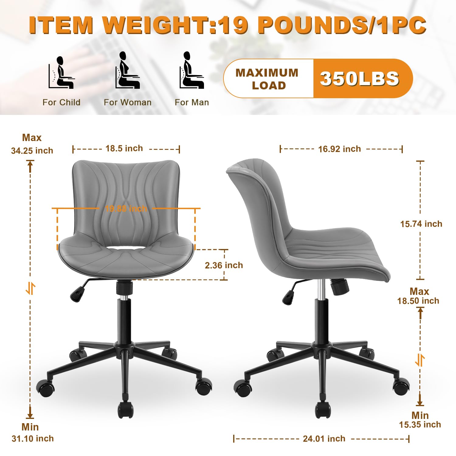 Armless Office Chair, Height Adjustable Desk Chair with Wheels, Ergonomic Comfy 360° Swivel Home Office Computer Task Chair, Faux Leather Padded Cute Vanity Chair, Gray