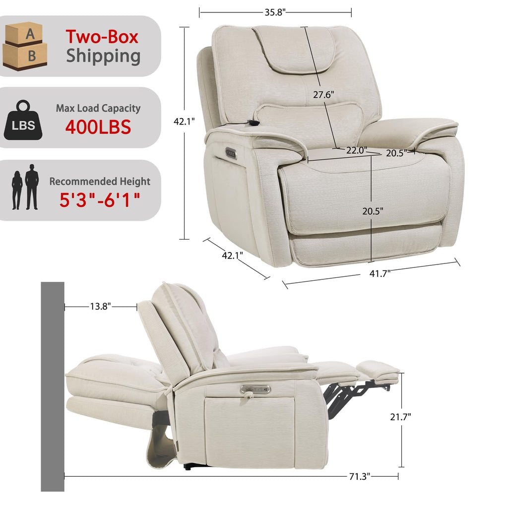 Triple Motor Lay Flat Zero Gravity Power Recliner Chair with Heat and Massage, Independent Adjustable Backrest Footrest Headrest, 400lbs Heavy Duty Medium Size, Stylish Chenille, Cream White
