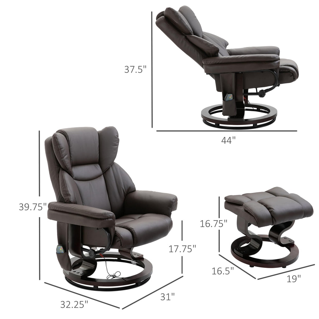 Recliner Chair with Ottoman Footrest, 10 Vibration Points, 360° Swivel Reclining Chair, Faux Leather Living Room Chair with Side Pocket and Remote Control, Brown