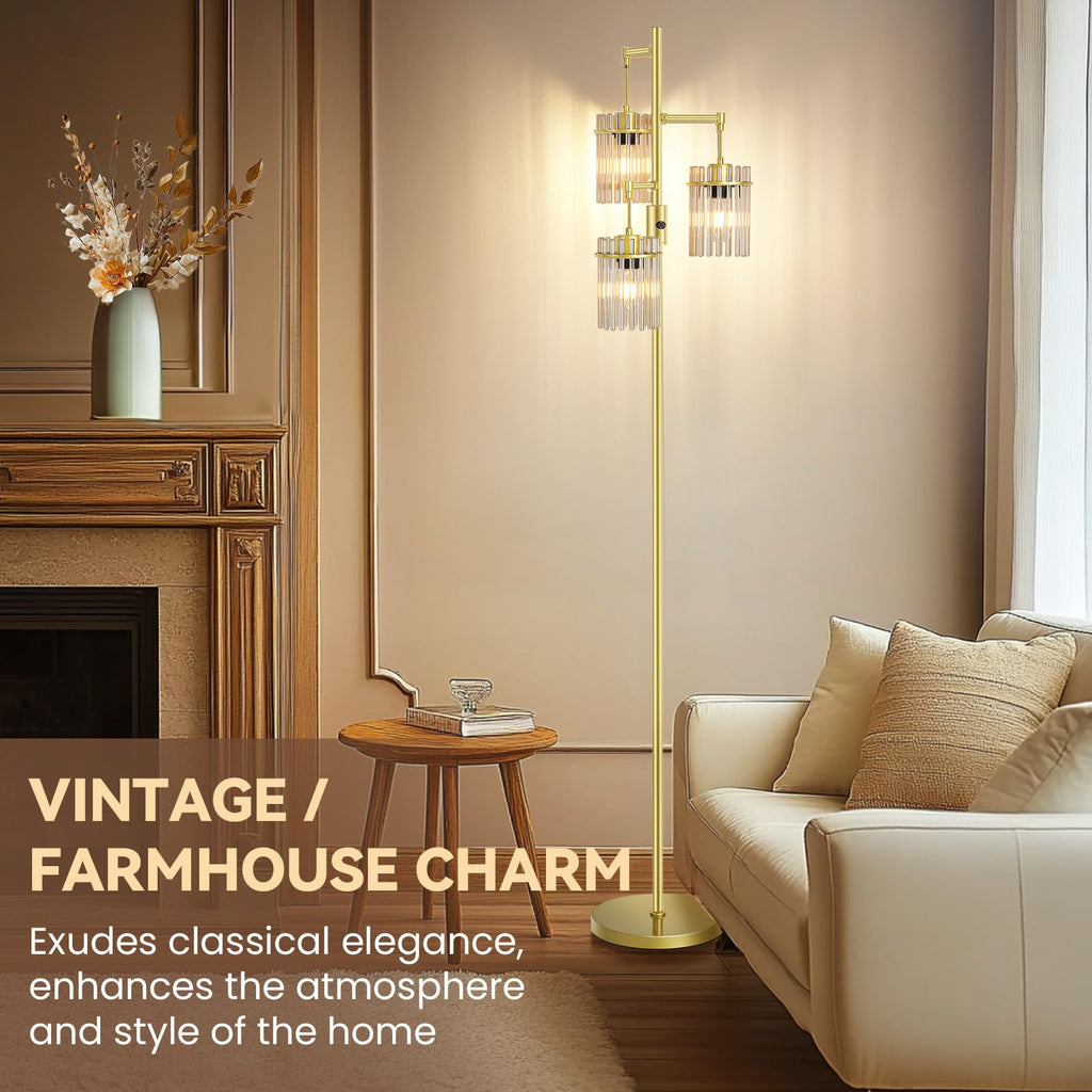 Crystal Gold Glass Tree Floor Lamp for Living Room for Farmhouse Industrial