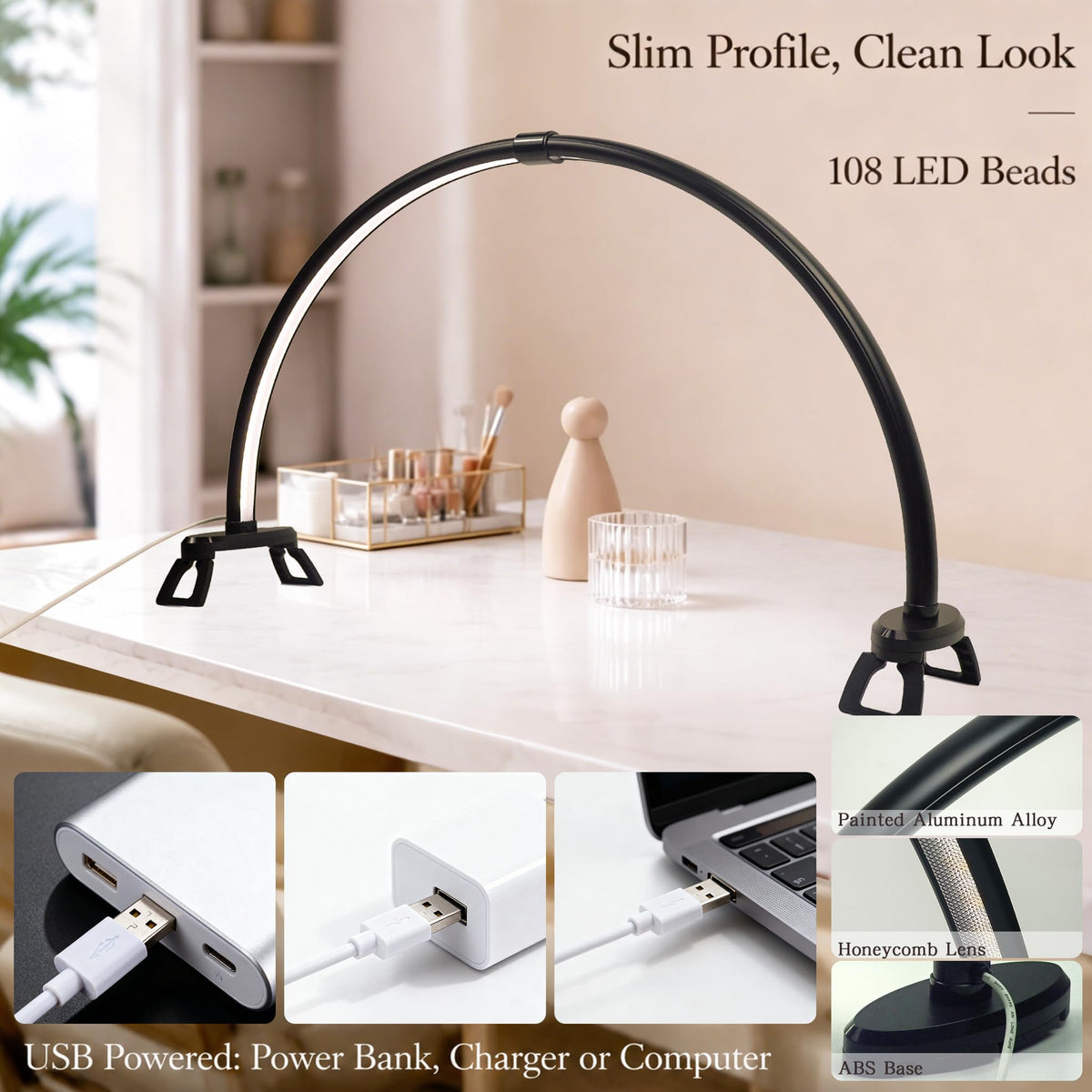 Half Moon Light for Nail Desk,23 Inch Detachable Foldable LED Nail Desk Lamp,3 Modes Color Temperature,0%-100% Stepless Dimming,180°Shadowless Lighting for Nail Art,Eyelash, Makeup,Tattoo(Black)