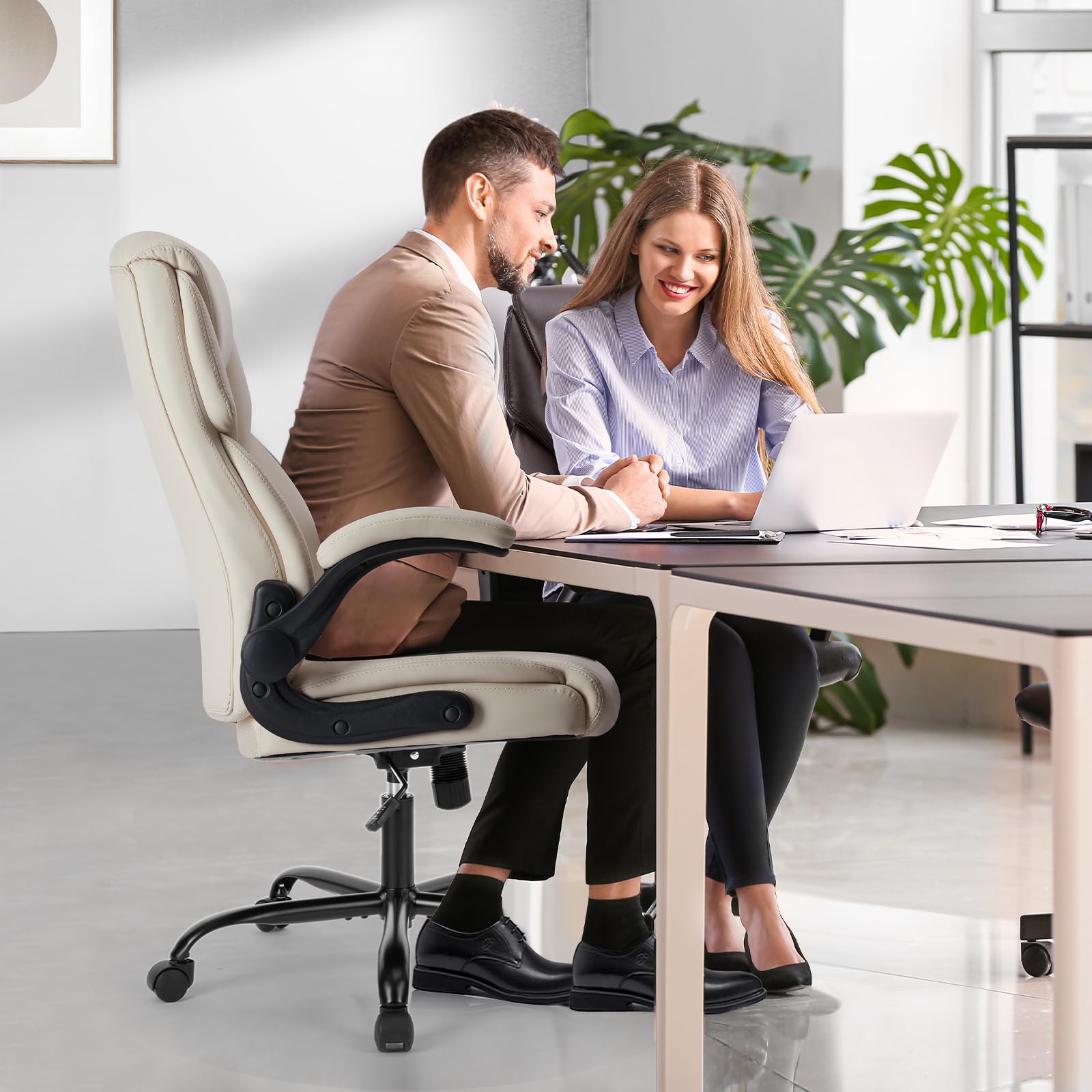 Ergonomic Office Chair, Heavy Duty 275lbs High Back Desk Chair, Flip-up Armrest PU Leather Swivel Rolling Chair with Wheels,White
