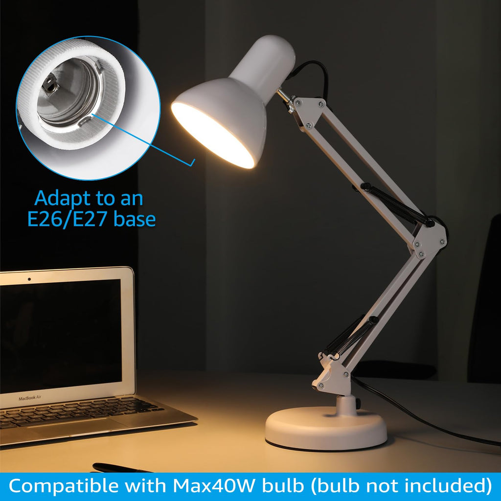 Metal Desk Lamp with Clamp, Swing Arm, Architect Adjustable Gooseneck Table Lamp, Clip Desk Lights for Home Office, Work, Study, Reading, E26 Base, Multi-Joint, White