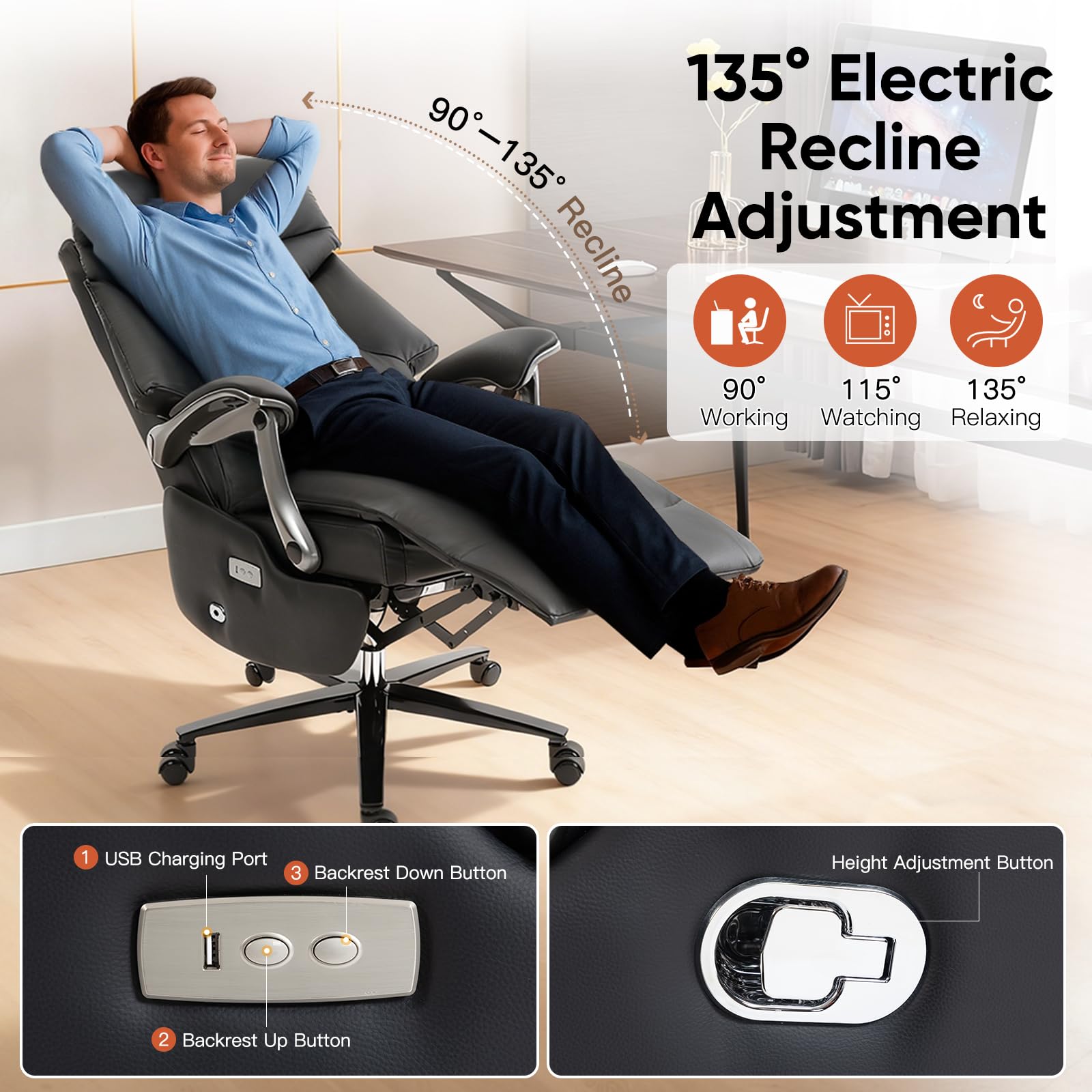 Electric Executive Office Chair with Footrest, 400LBS Big and Tall Office Chair, Comfortable Ergonomic Recliner Chair for Home Office, Studio or Gaming Room, Black