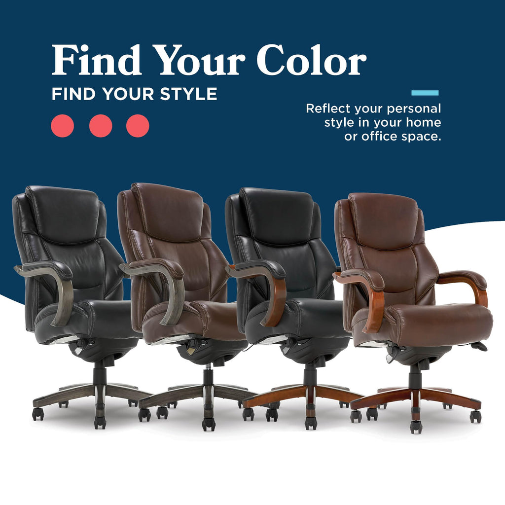 Delano Big and Tall Executive Office Chair - Ergonomic Lumbar Support Memory Foam - Bonded Leather Desk Chair for Home Office - Mahogany Wood Arms - Chestnut Brown