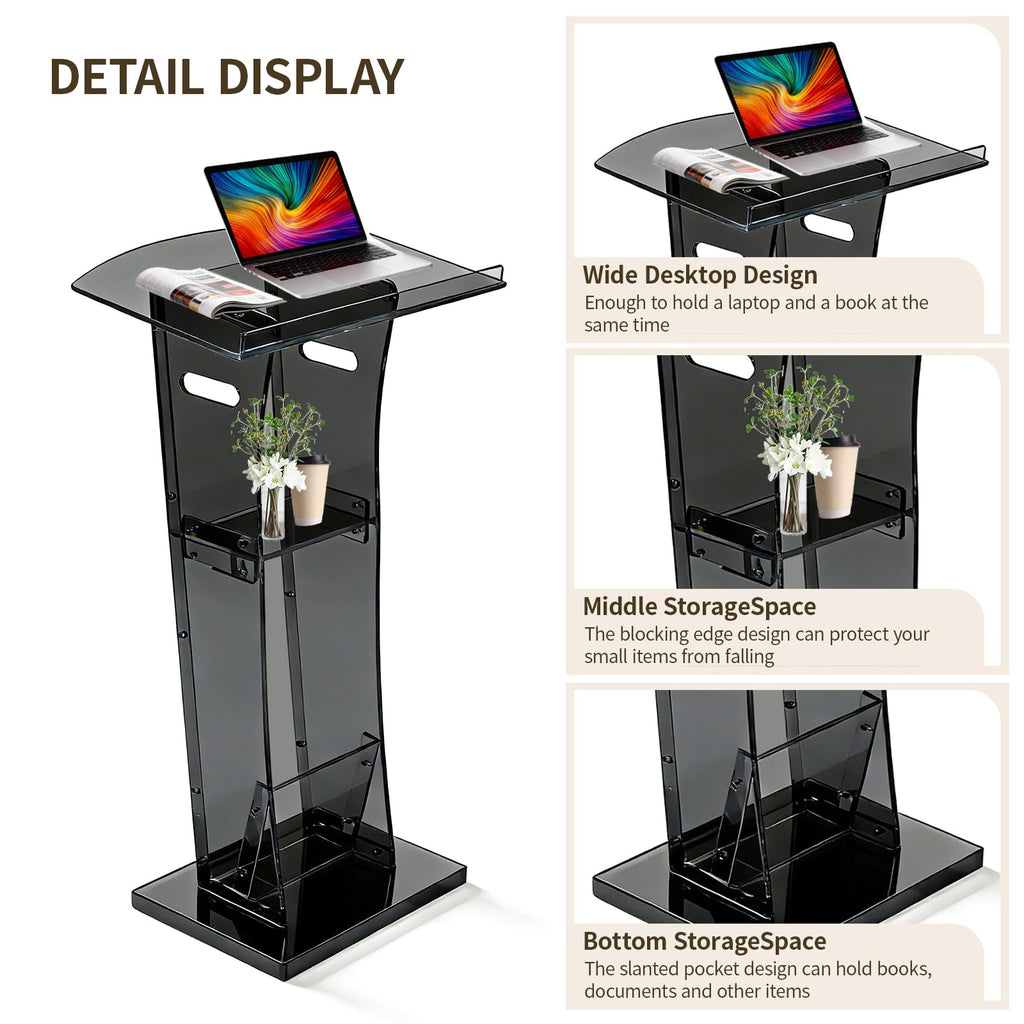 43" Semi-Transparent Black Acrylic Podium & Lectern Stand Portable with Storage Shelf, pulpits for Churches, for Speech, for Presentation, Shtender