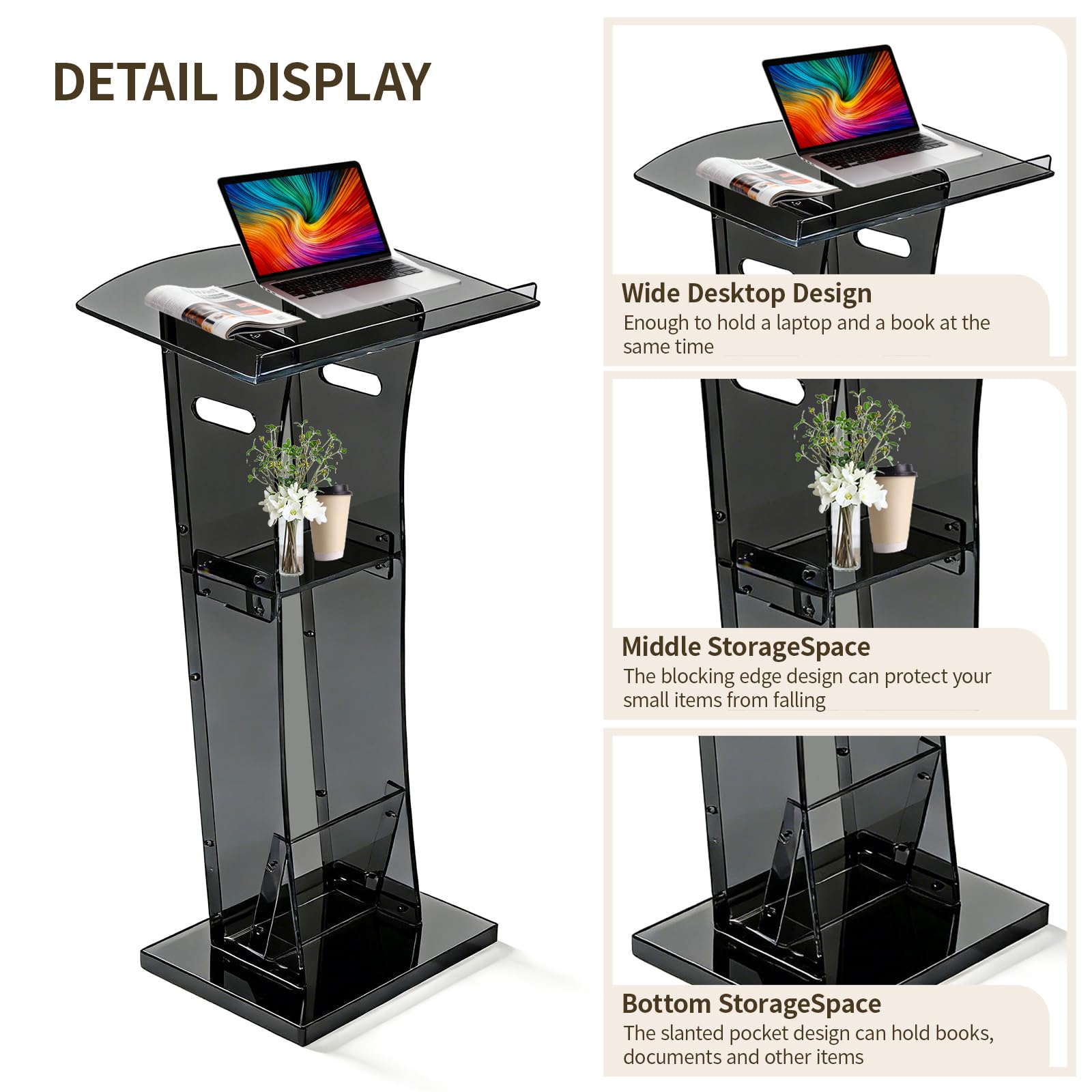 43" Semi-Transparent Black Acrylic Podium & Lectern Stand Portable with Storage Shelf, pulpits for Churches, for Speech, for Presentation, Shtender