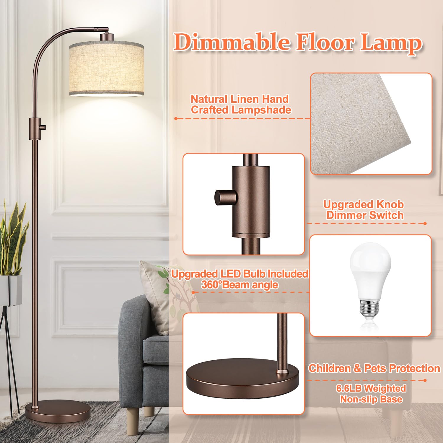 Upgraded Modern Arc Dimmable Tall Standing Floor Lamp with Linen Shade, 1200 Lumens LED Bulb Included, for Living & Reading Room, Bedroom, Office & Nursery, Brown