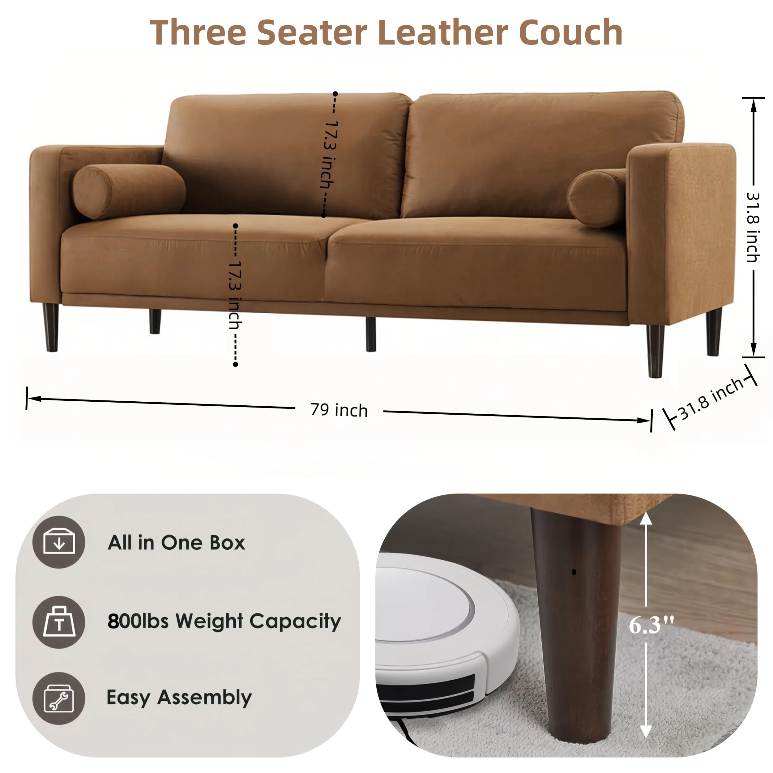79" Sofa Couches for Living Room Mid-Century Modern Decor Faux Leather Couch with Deep Seat&Cloud Cushions&2 Pillow, 3 Seater Home Sofa Living Room Brown Loveseat for Office, Bedroom, Apartment