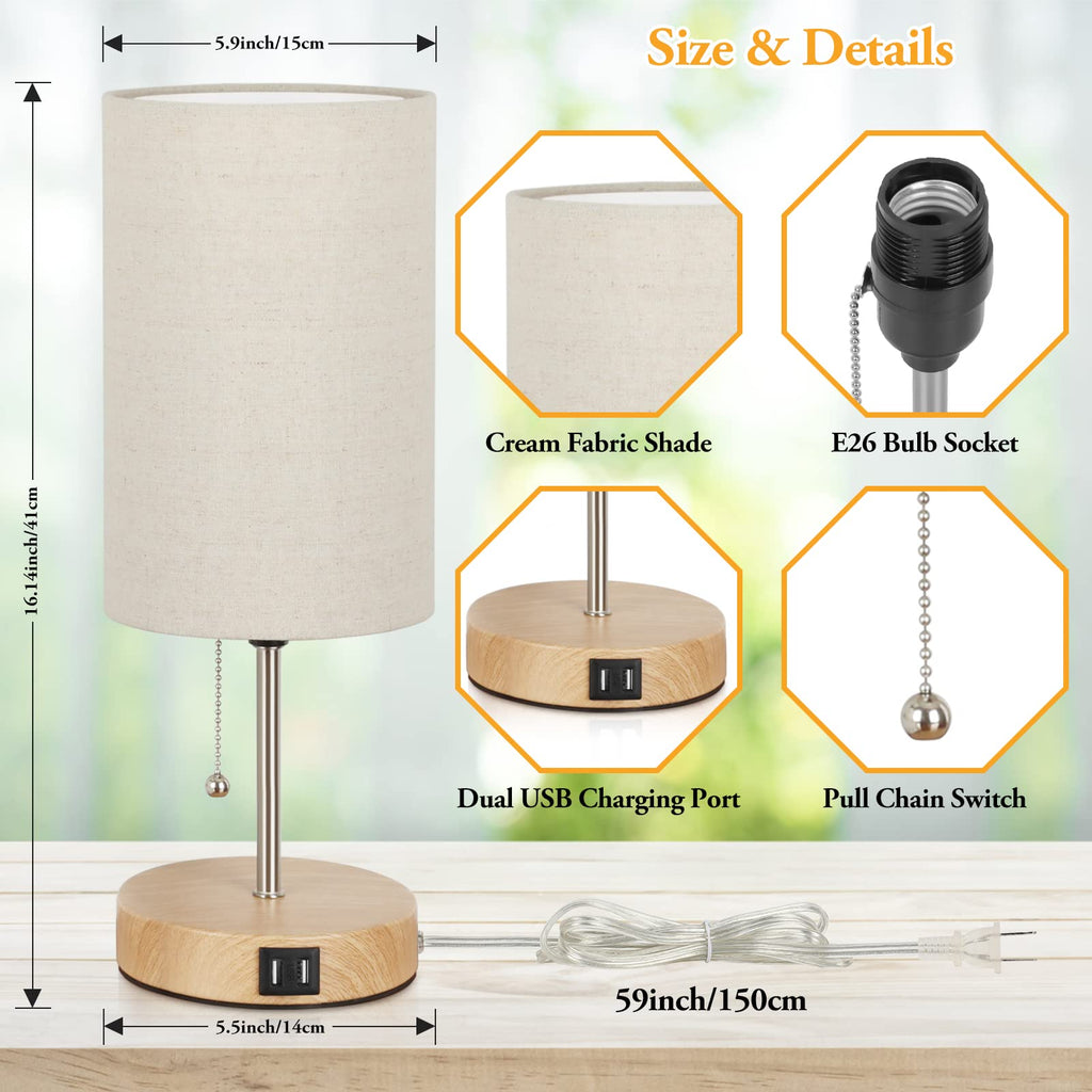 Set of 2 Table Lamps, Modern Bedside Desk Lamps with Pull Chain