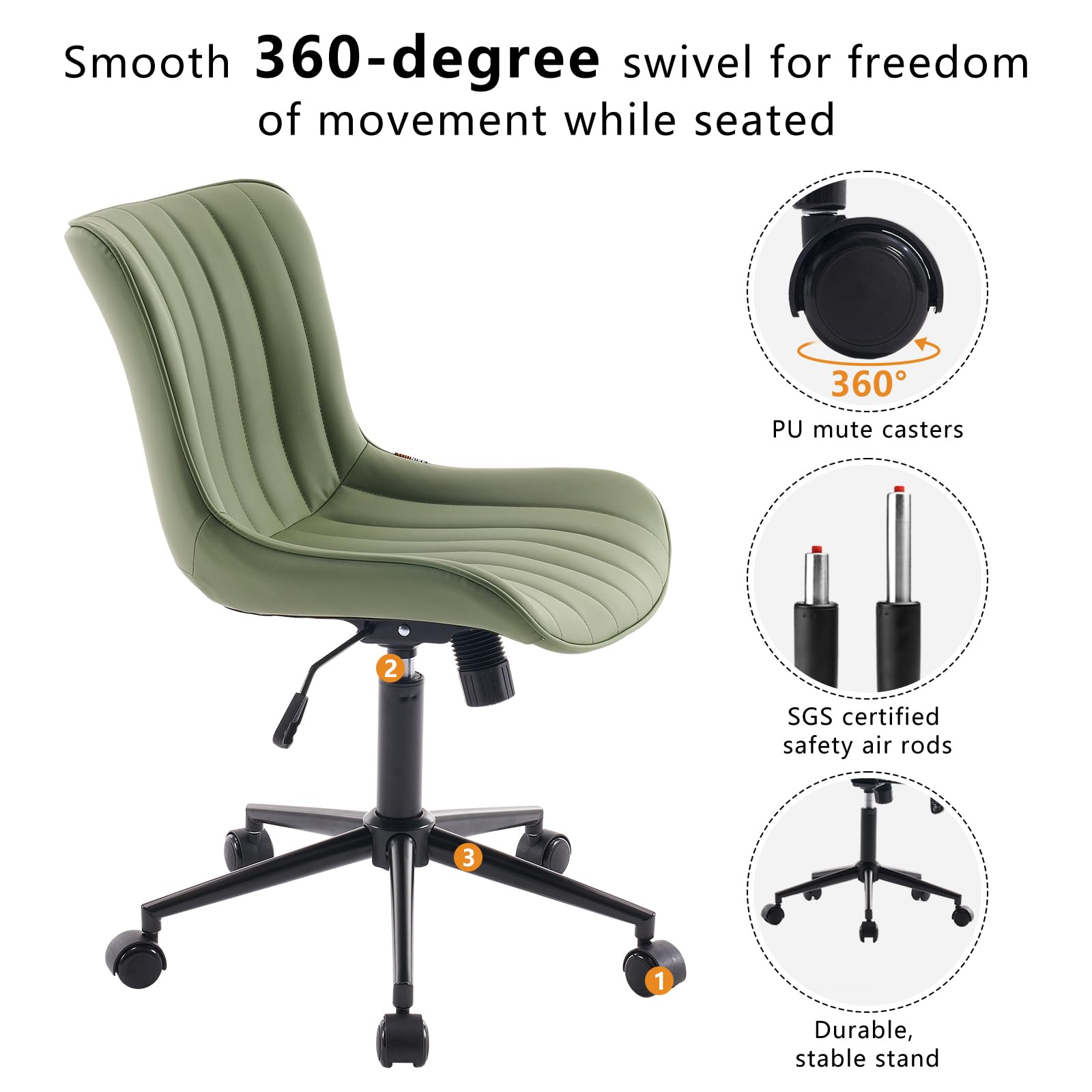Olive Green Office Desk Chair with Wheels Armless Compact Comfy Vanity Chair with Adjustable Back Modern Small Faux Leather Upholstered Swivel Rolling Computer Task Chair No Arms