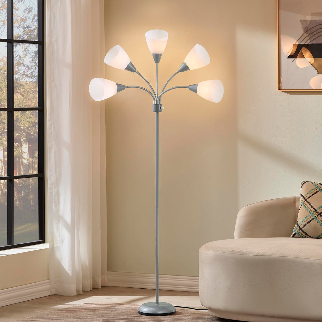Medusa Modern Decor Floor Lamp, Multi Head Adjustable Gooseneck Bright Light Lamp for Reading, White Shades Tall Standing Tree Floor Lamp for Living Room Bedroom Office Kids Classroom, Silver