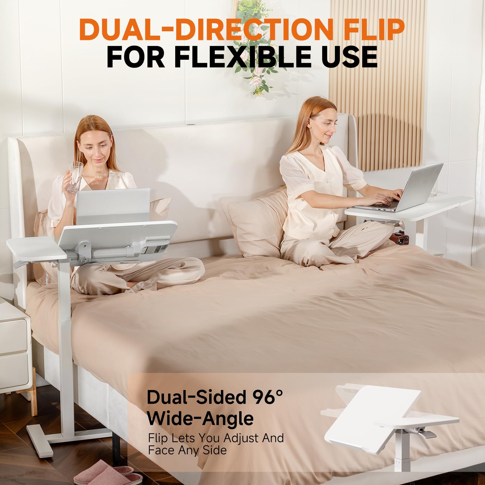 Tiltable Mobile Small Standing Desk, Pneumatic Adjustable Height Overbed Bedside Table with Wheels, Sit Stand Portable Rolling Laptop Desk Computer Workstations, White