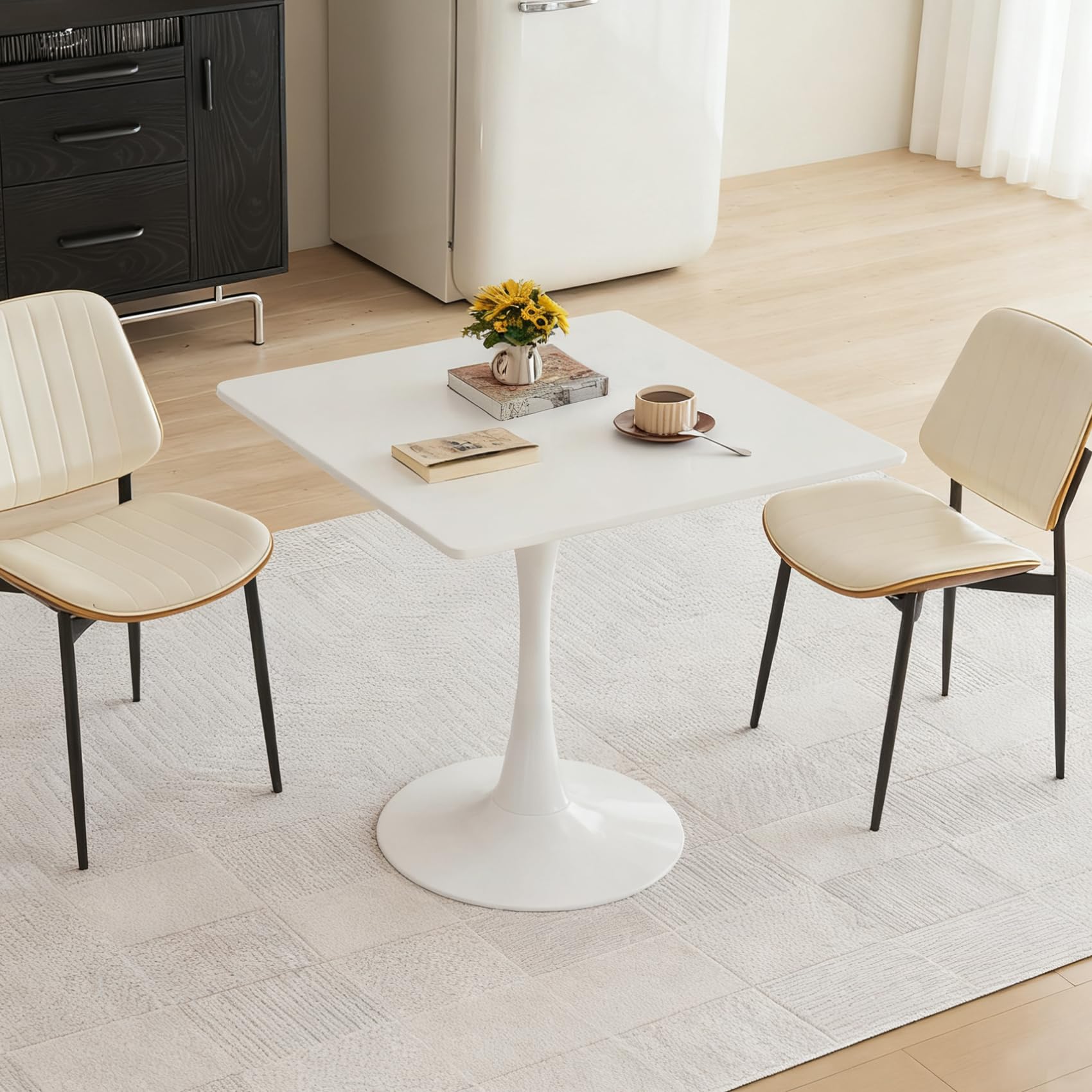 Hansweld Square Dining Table, 31.5" Tulip Table with Thickened Tabletop & Metal Pedestal, Mid Century Modern Bistro Table for Kitchen, Small Places, Living Room, Cafe (White)