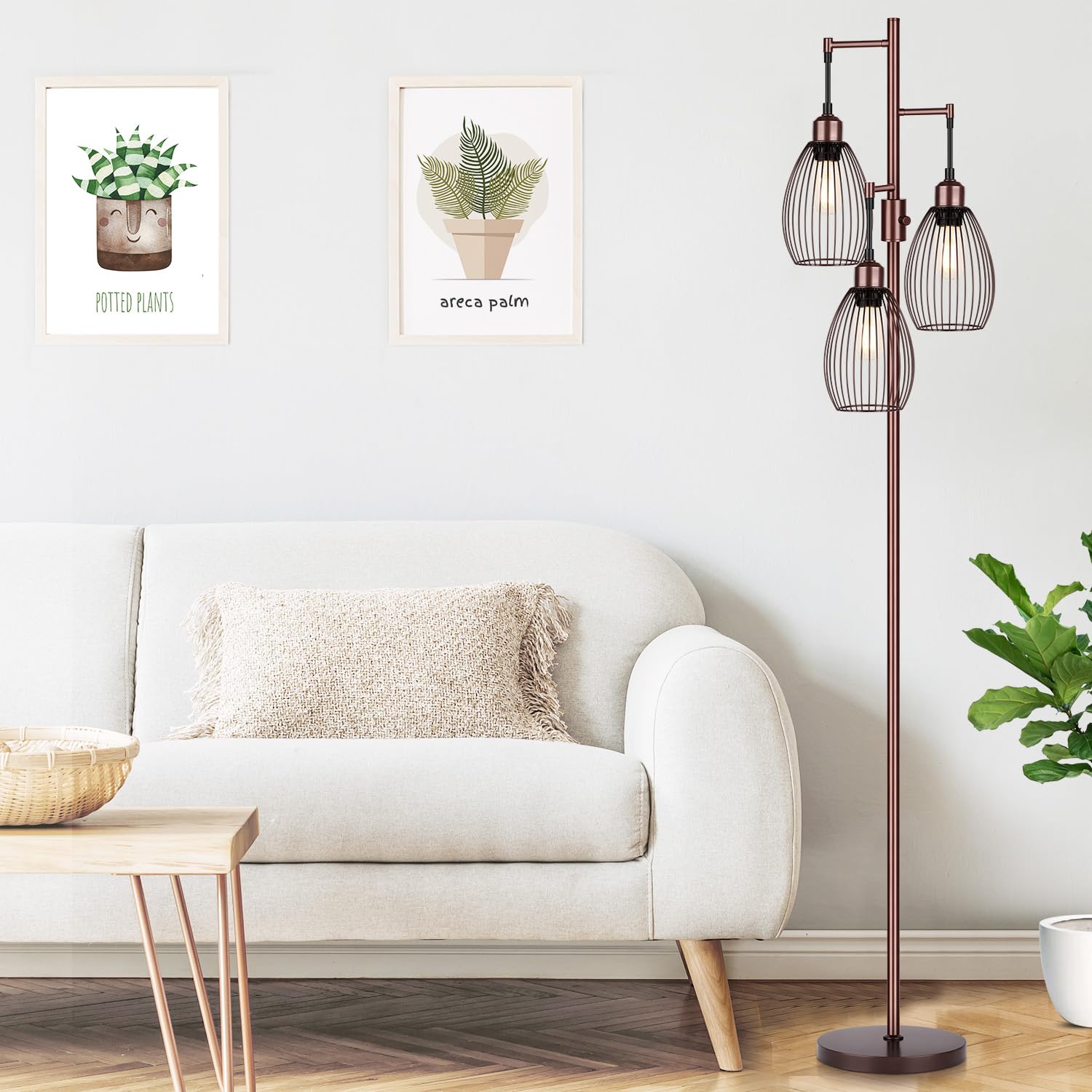 Floor Lamp, 3 x 800LM LED Edison Bulbs Included, Farmhouse Industrial Floor Lamp Standing Lamp with Elegant Teardrop Cage Head Tall Lamp for Living Room Bedroom Office Dining Room - Brown