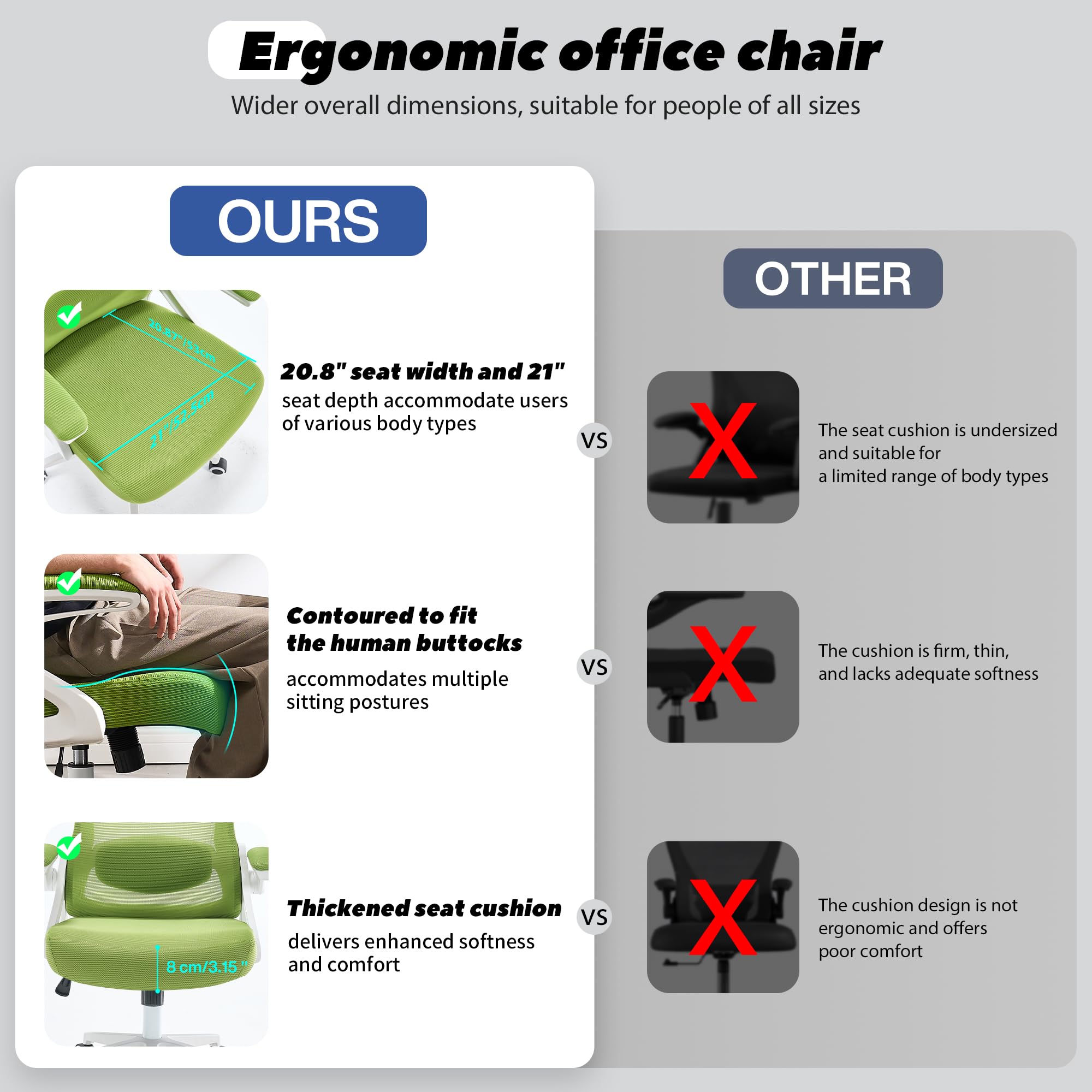 Ergonomic Office Chair, 400 LBS Desk Chair with Adjustable Lumbar Support, High Back Breathable Mesh Computer Chair Rolling Work Swivel Task Chairs, Comfy Home Office Desk Chair (Green)