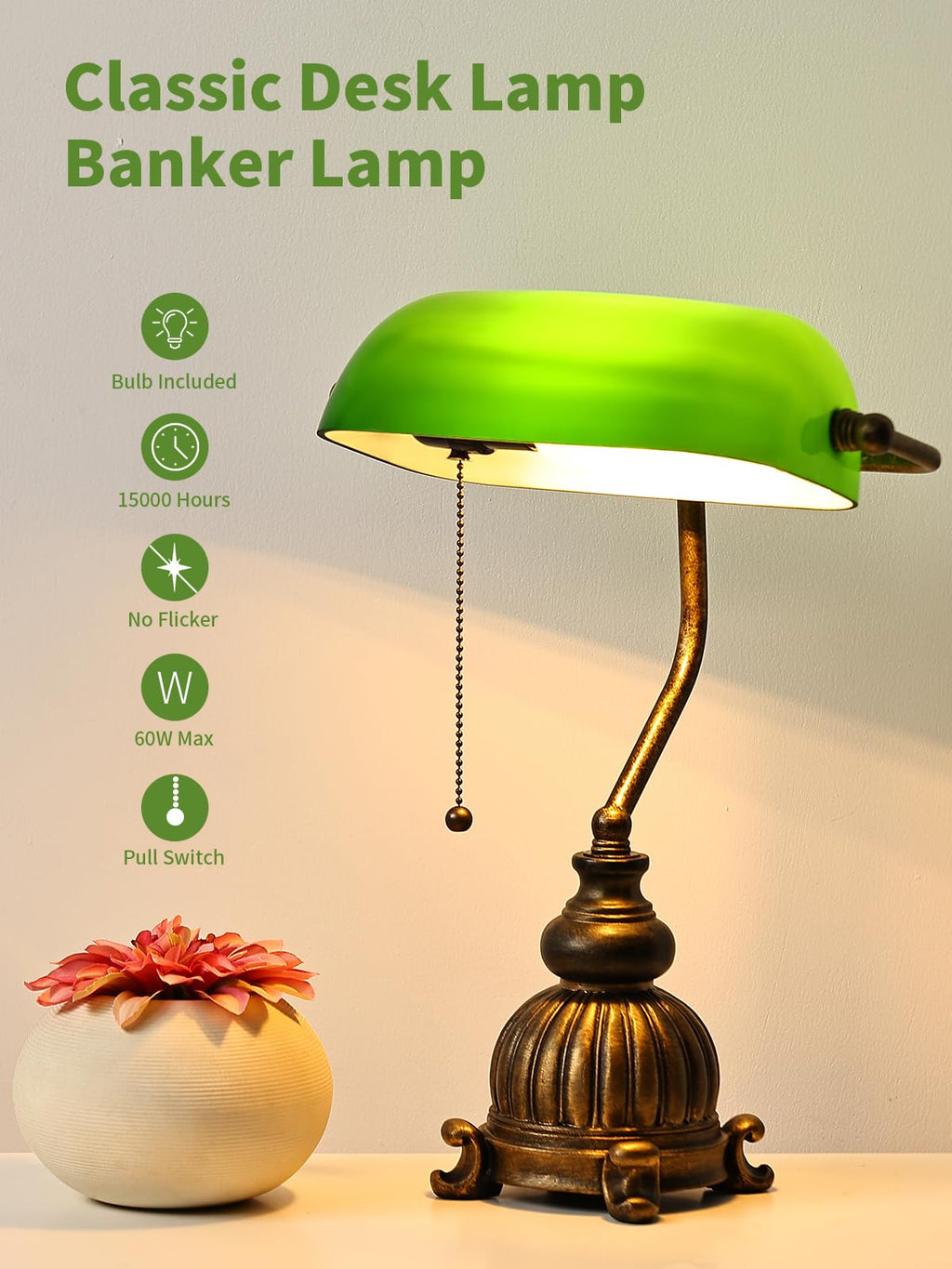Retro Green Glass Bankers Desk Lamp,LED Bulb Included