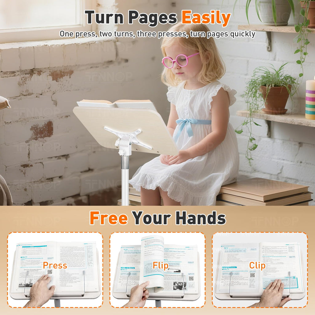 Floor Standing Book Stand, Foldable Book Holder for Reading with Page Clips, 19"–51" Height Adjustable, Sturdy Podium Stand for Reading, Bible, Laptop, Cookbooks, or Projector