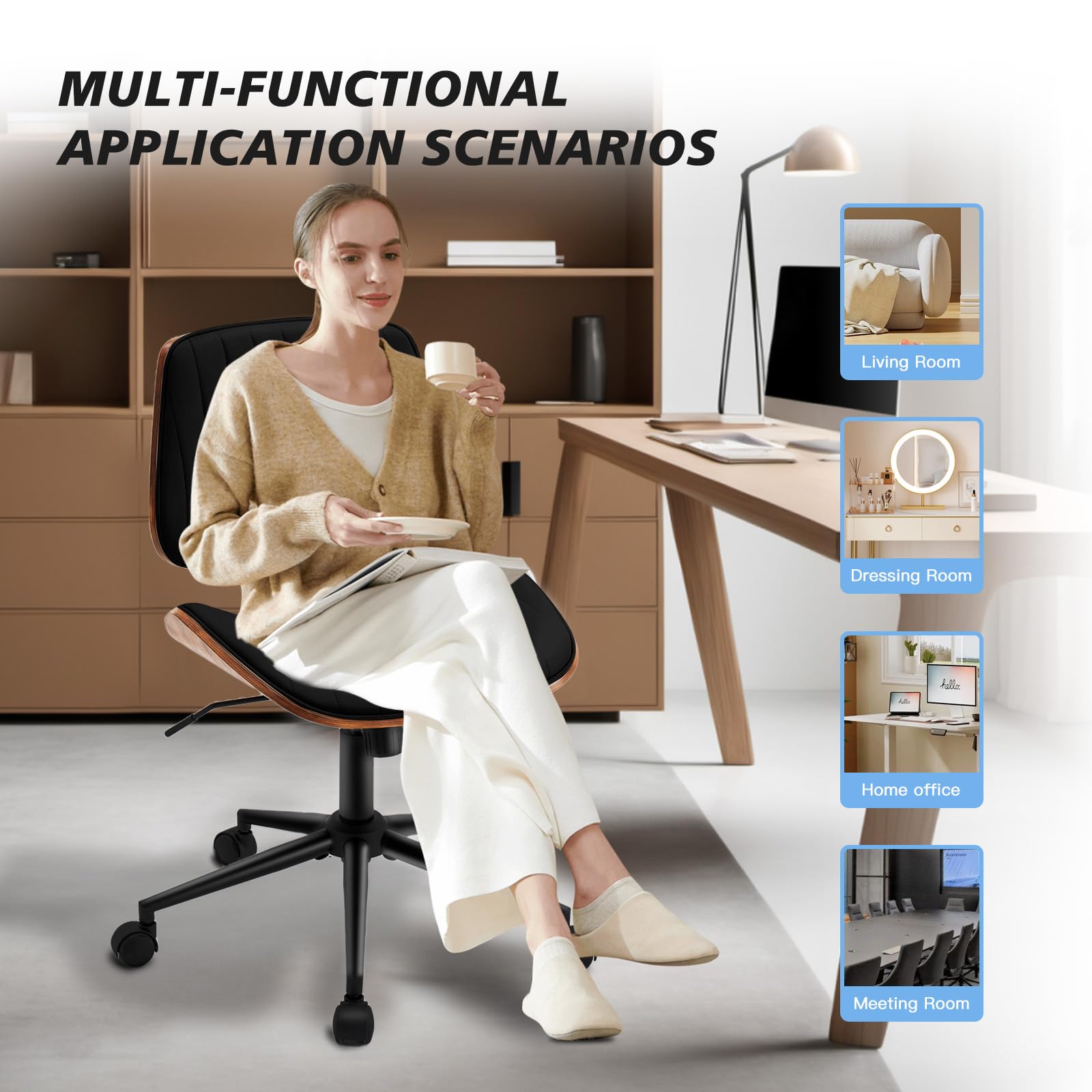 Armless Desk Chair with 360°Swivel Wheels, Ergonomic Adjustable Height Computer Chair for Home Office,PU Leather with Modern Walnut Drafting Chairs for Office, Reading Nook(Black)