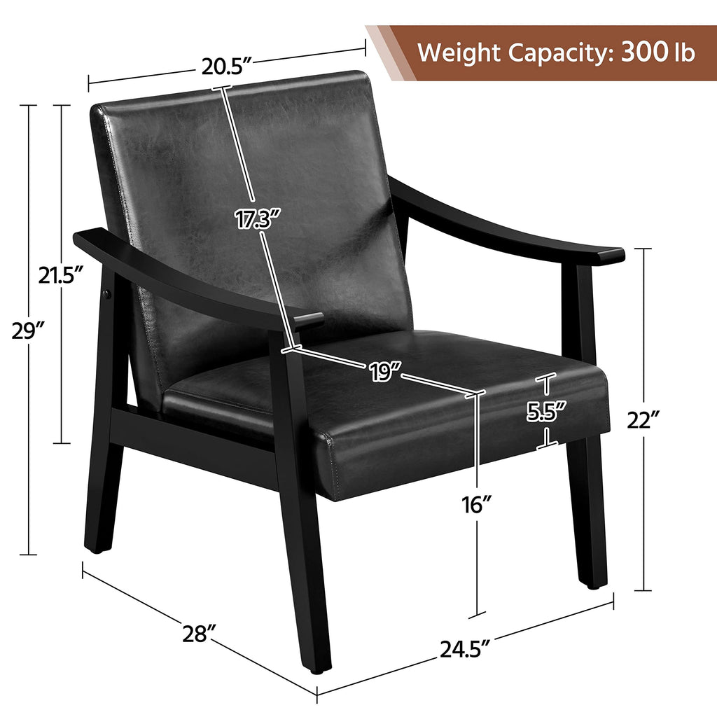 PU Leather Accent Chair, Mid-Century Modern Armchair with Solid Wood Legs, Reading Leisure Chair with High Back for Living Room Bedroom Waiting Room, Black