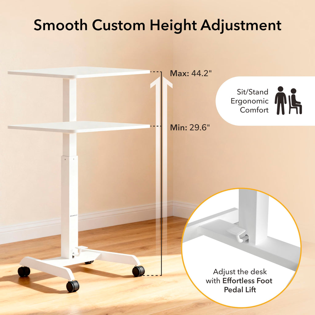 Adjustable Rolling Laptop Desk, Mobile Standing Desk with Wheels, Small Sit-Stand Computer Cart for Home, Office, or Classroom, 29.6–44.2" Height, 23.6"x20.5" Desktop, White