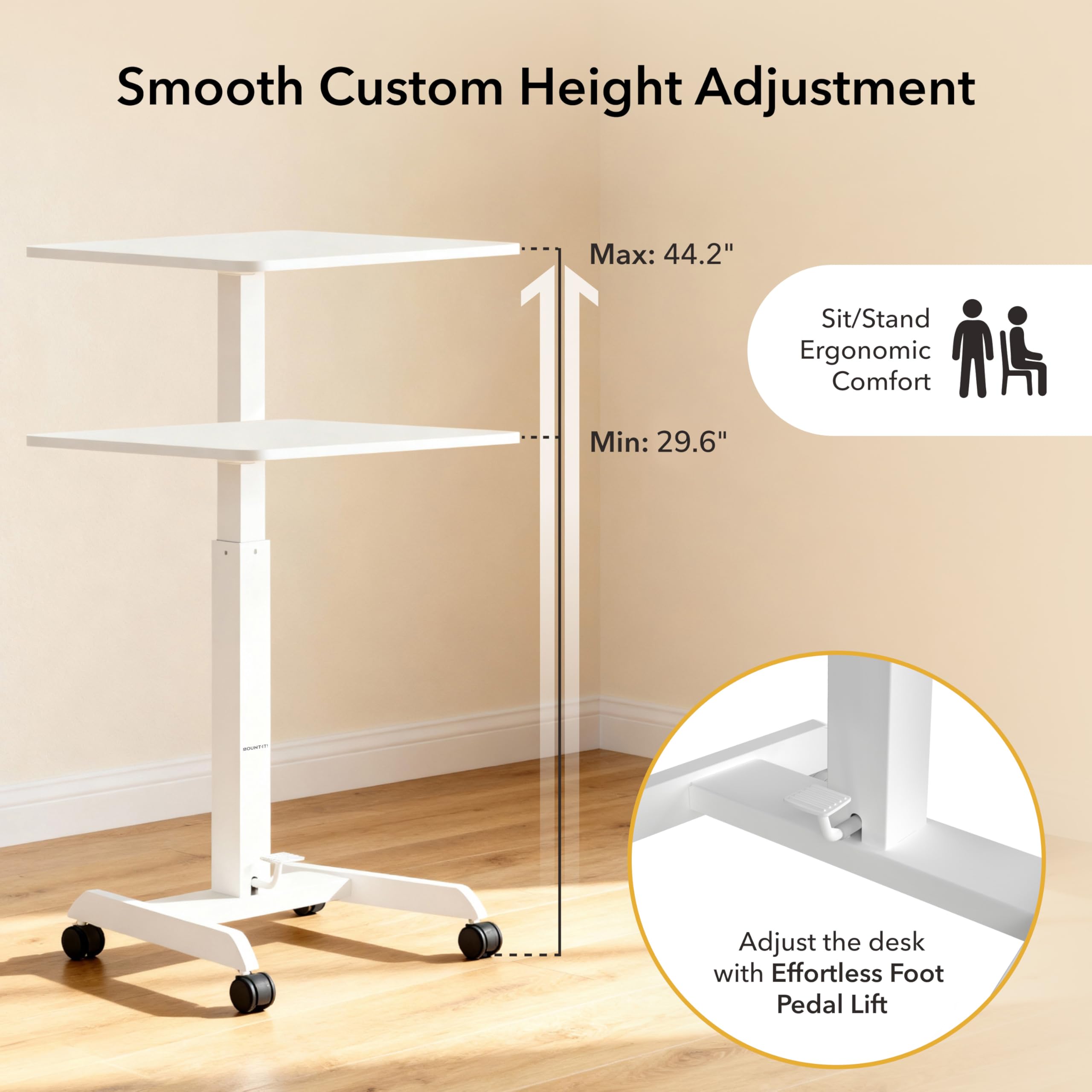 Adjustable Rolling Laptop Desk, Mobile Standing Desk with Wheels, Small Sit-Stand Computer Cart for Home, Office, or Classroom, 29.6–44.2" Height, 23.6"x20.5" Desktop, White