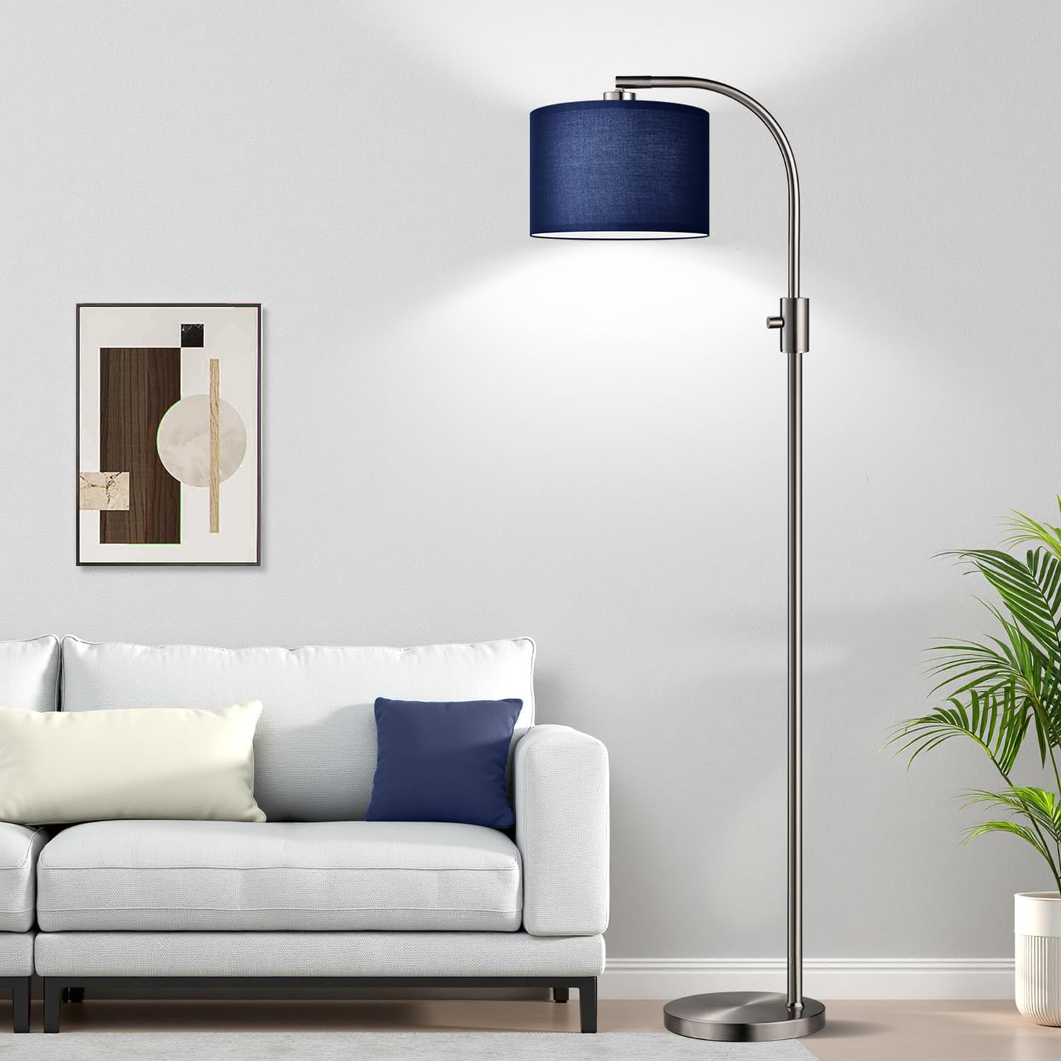 Upgraded Modern Arc Dimmable Tall Standing Floor Lamp with Blue Shade, 1200 Lumens LED Bulb Included, for Living & Reading Room, Bedroom, Office & Nursery, Brushed Nickel
