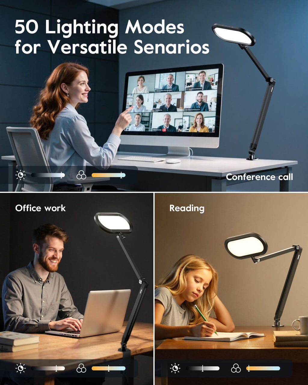 Dual-Side LED Desk Lamp with Clamp, Soft Light with Stepless Remote
