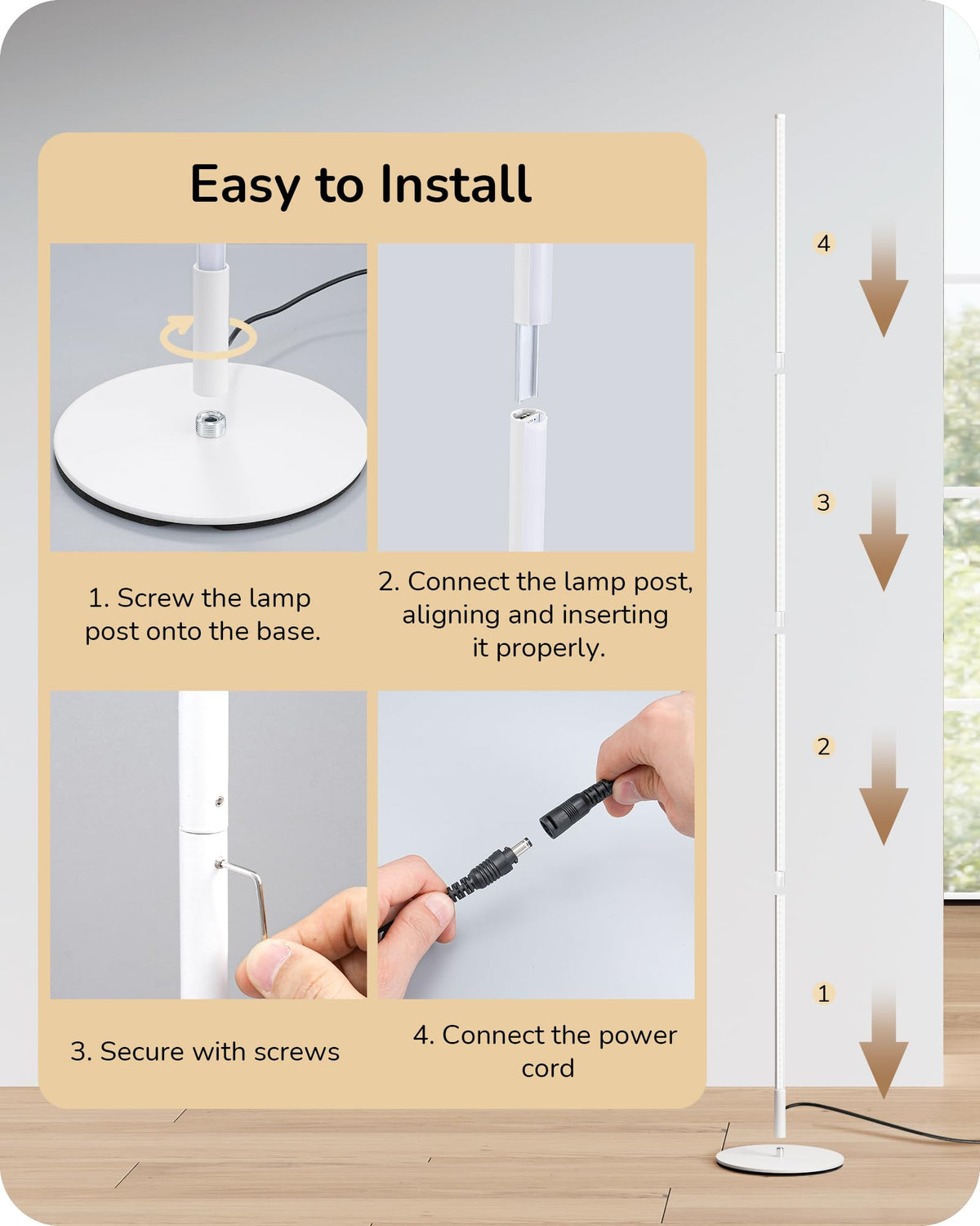 59.8" Corner Lamp with Remote & 3 Height Settings, Dimmable & 3CCT