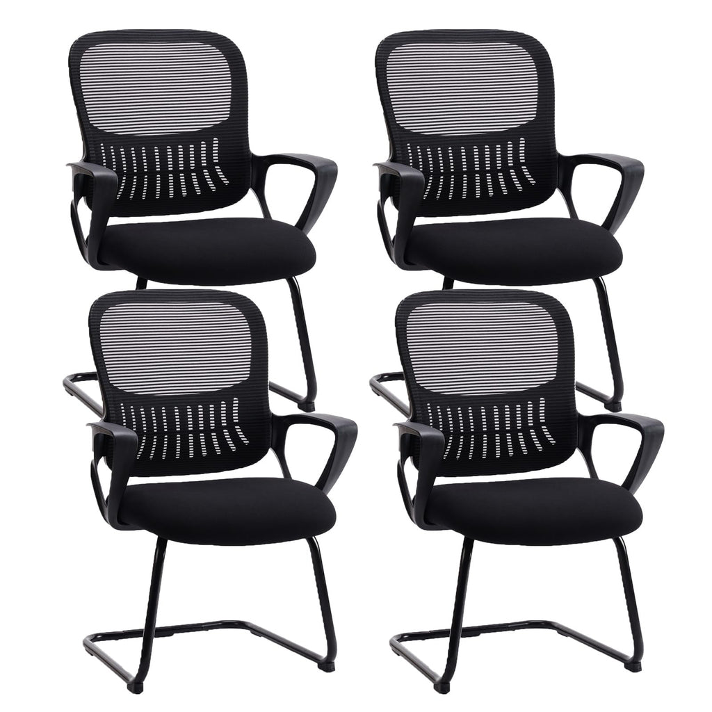 Set of 4, Reception Chair No Wheels, Stationary Non Rolling Mesh Mid Back Computer Guest Side with Lumbar Support for Waiting Area Reception Conference Room, Modern Black