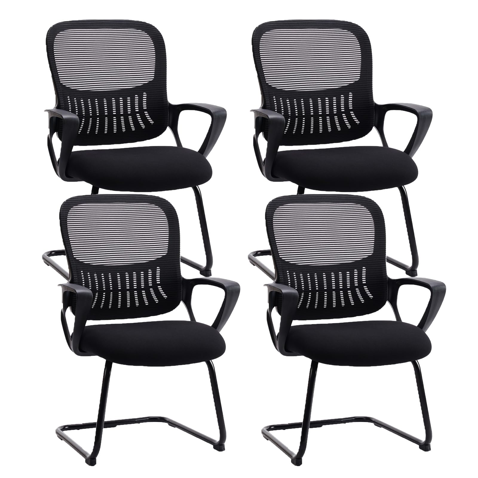Set of 4, Reception Chair No Wheels, Stationary Non Rolling Mesh Mid Back Computer Guest Side with Lumbar Support for Waiting Area Reception Conference Room, Modern Black