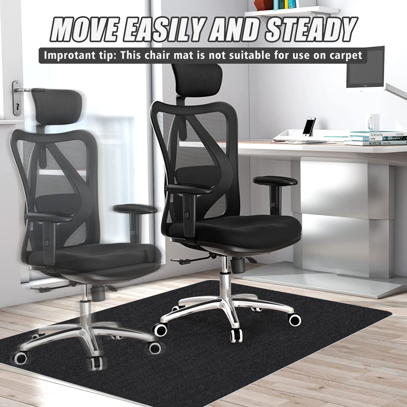 Office Chair Mat for Hardwood Floor,Office Computer Gaming Chair Mat for Tile Floor,Large Floor Protector Rug,Anti-Slip,Easy to Clean,Pure Black(48"x36")