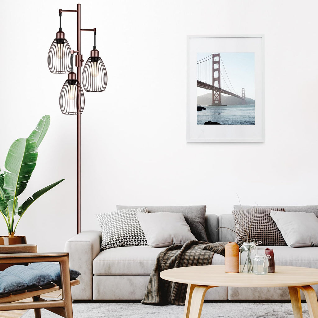 Floor Lamp, 3 x 800LM LED Edison Bulbs Included, Farmhouse Industrial Floor Lamp Standing Lamp with Elegant Teardrop Cage Head Tall Lamp for Living Room Bedroom Office Dining Room - Brown
